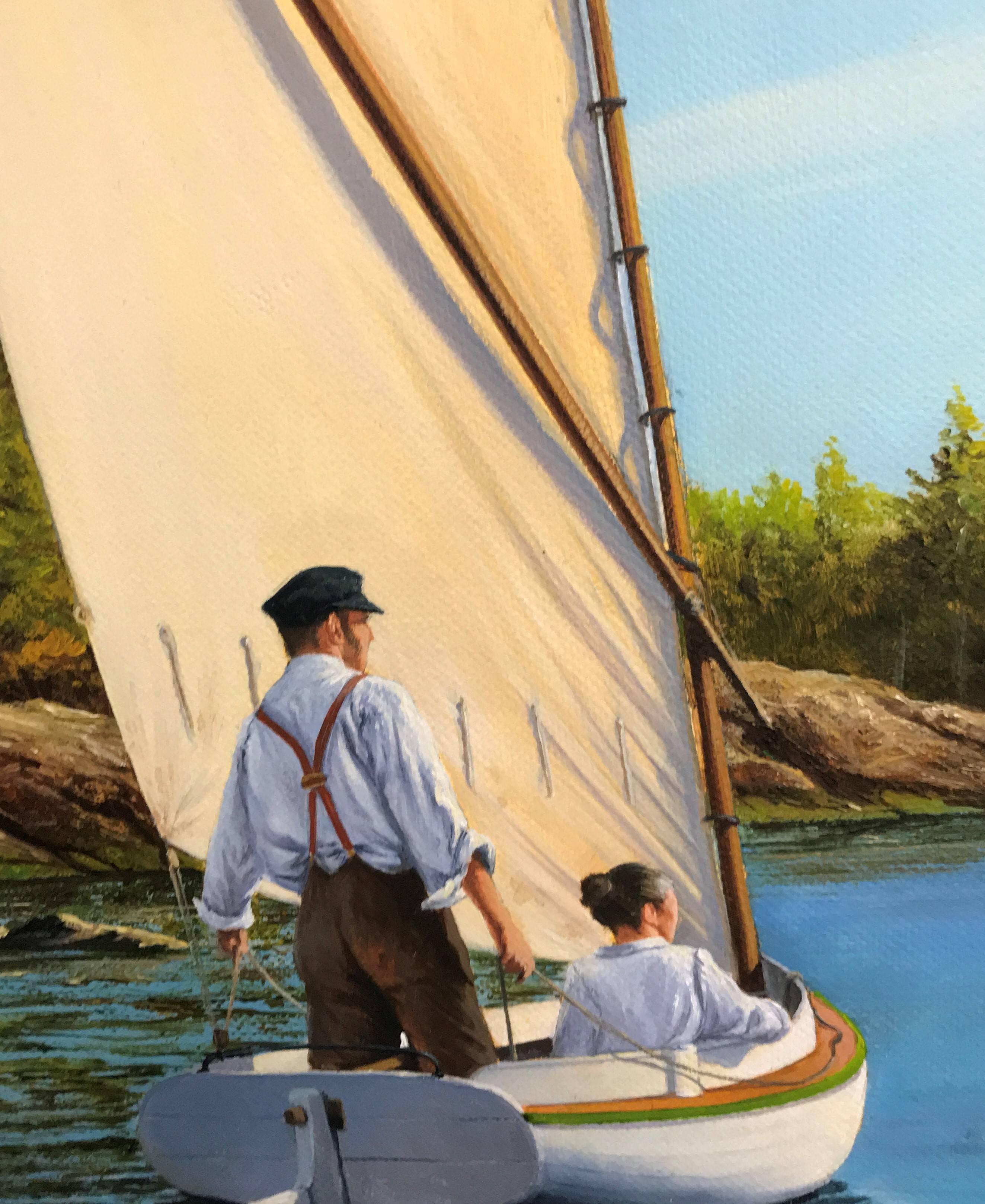 Sailing the River in the Late Afternoon Light - Painting by Andrew S. Walton