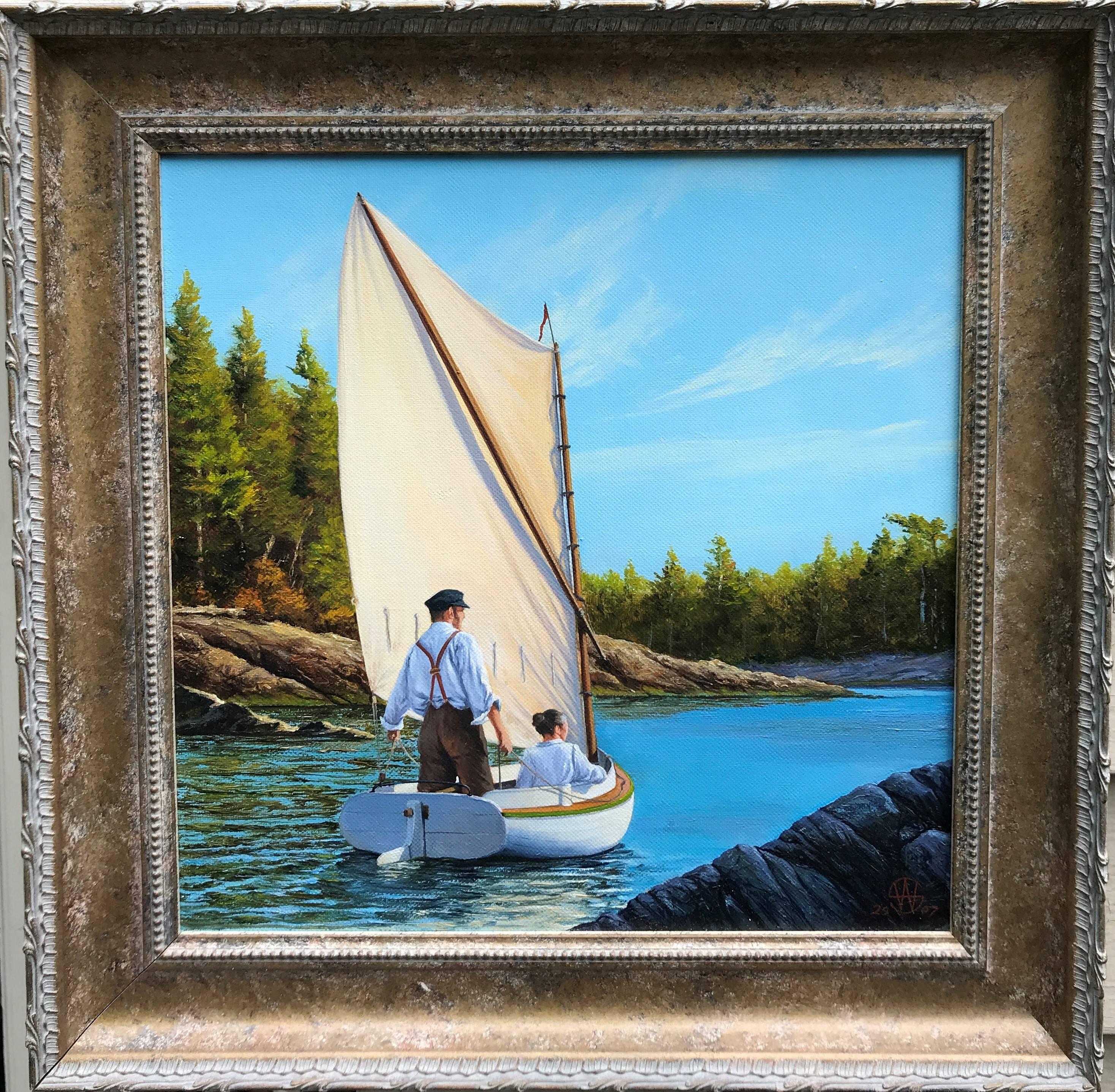 Sailing the River in the Late Afternoon Light - Realist Painting by Andrew S. Walton