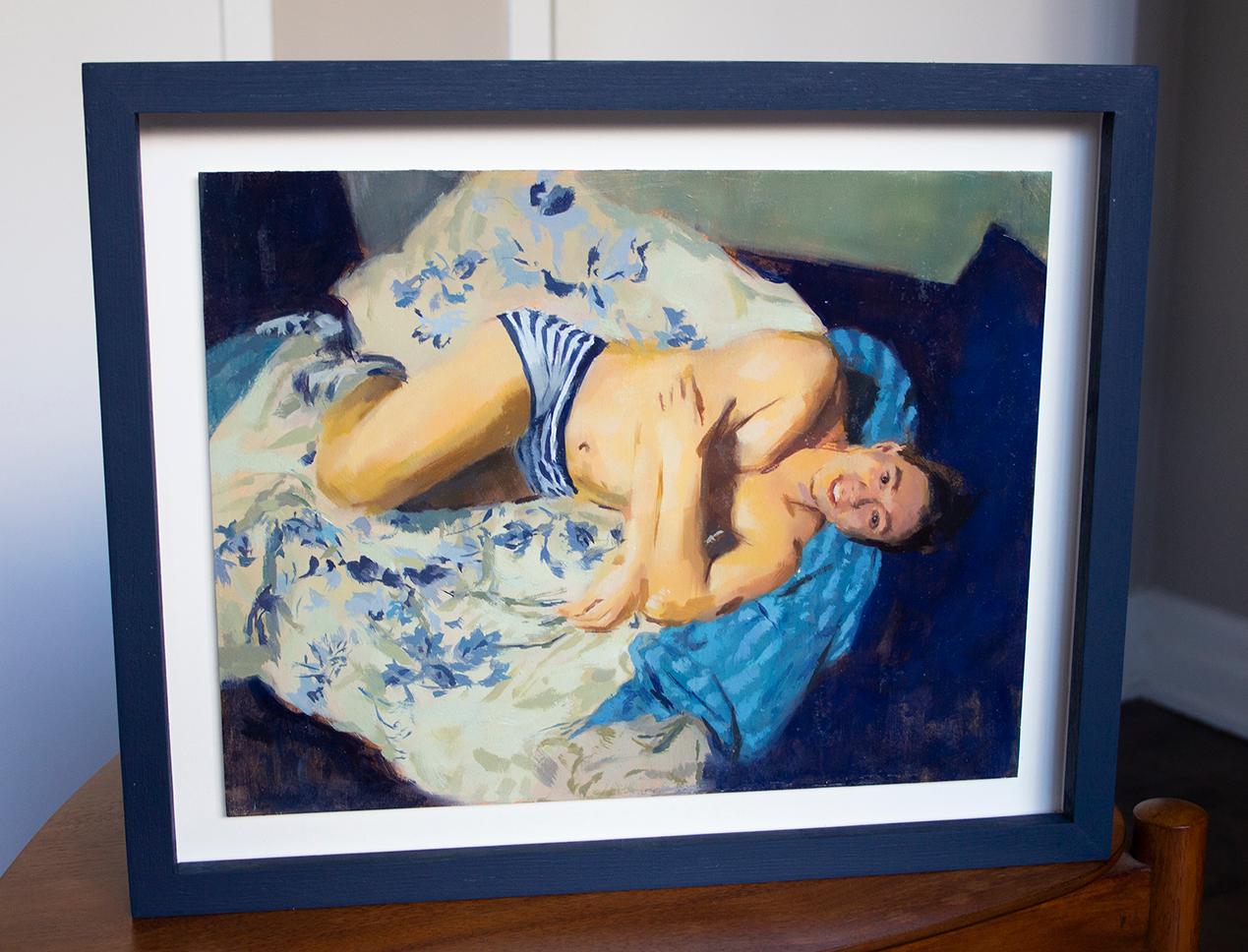 This image is part of the artist's early series of portraits depicting queer subject matter in domestic or outdoor settings, offering something of a private, snapshot-type aesthetic. Depicted in oil paint on paper.