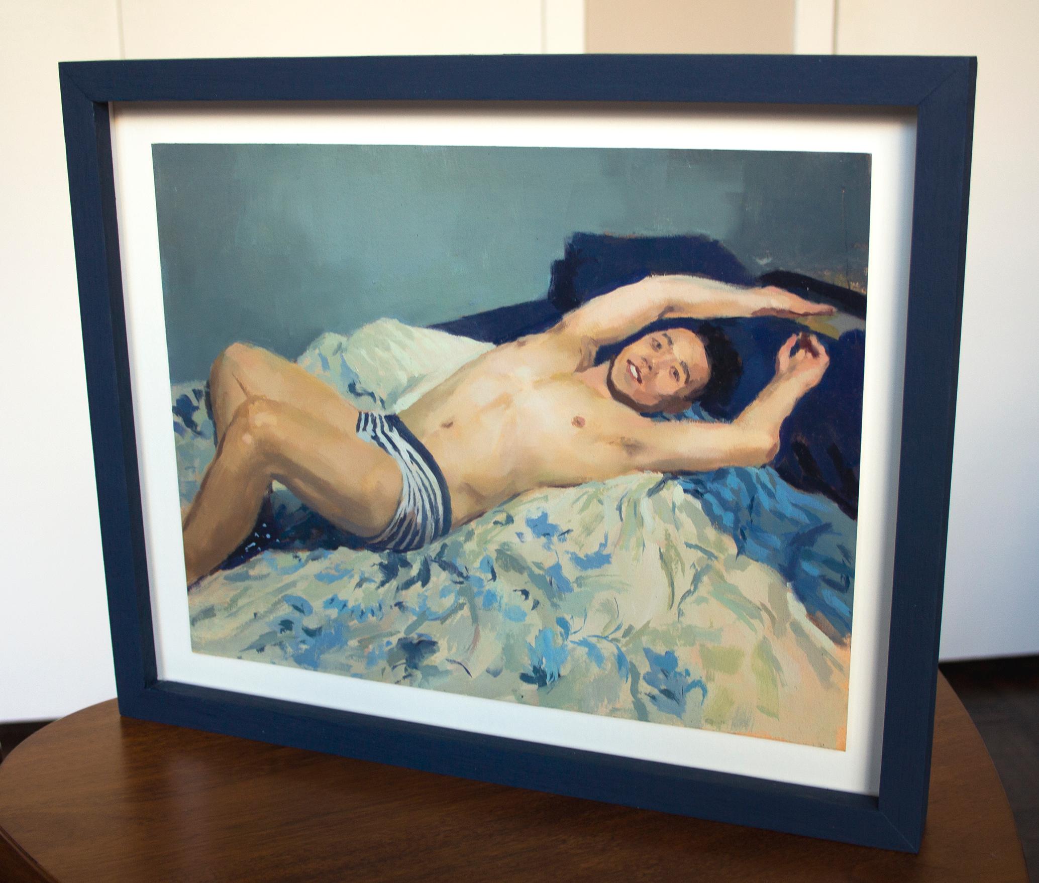 This image is part of the artist's early series of portraits depicting queer subject matter in domestic settings, painted to resemble a private snapshot.