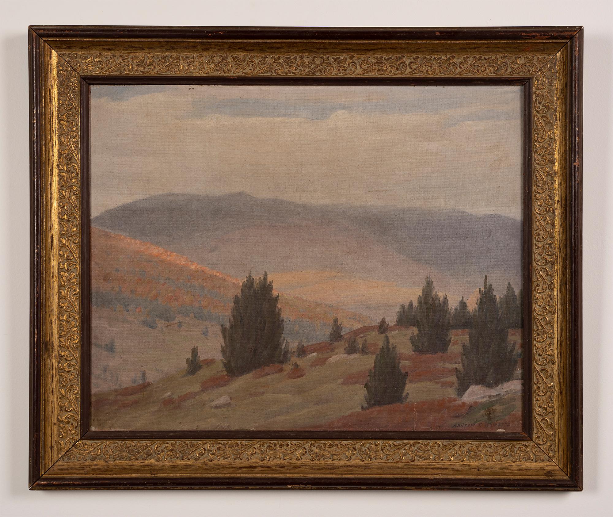 Antique original landscape oil painting by Andrew Thomas Schwartz (1867 - 1942) .  Oil on canvas, circa 1920.  Signed.  Image size, 20L x 16H.  Framed.
