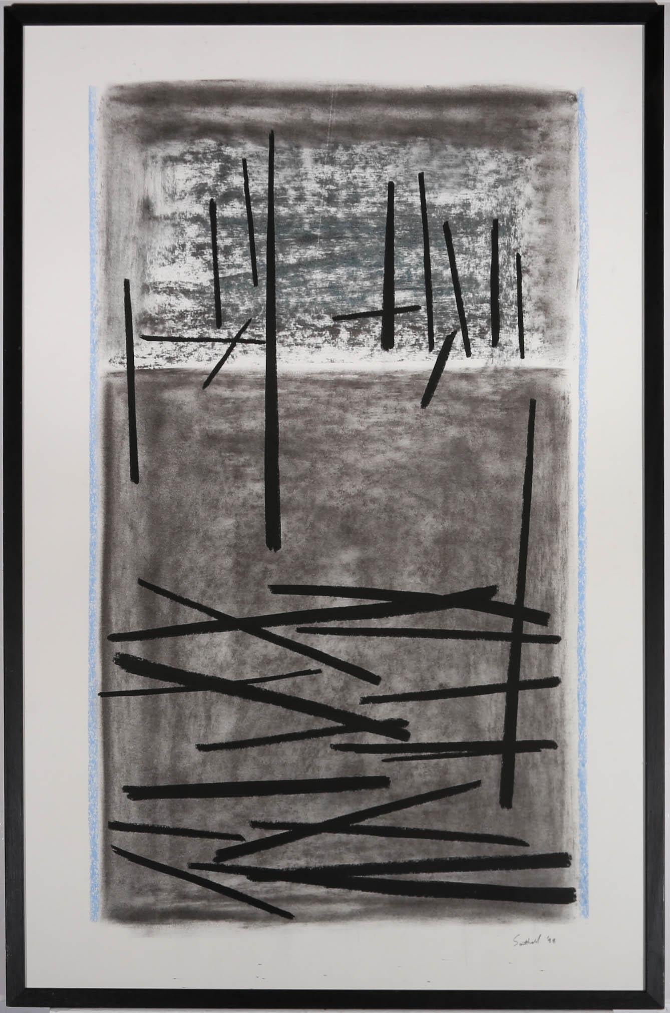 This large-scale study by Andrew Southall (b.1947) depicts an abstract landscape with strikes of blue and black pastel, passing through a soft charcoal background. The drawing is signed and dated to the lower right-hand corner. Well presented in a