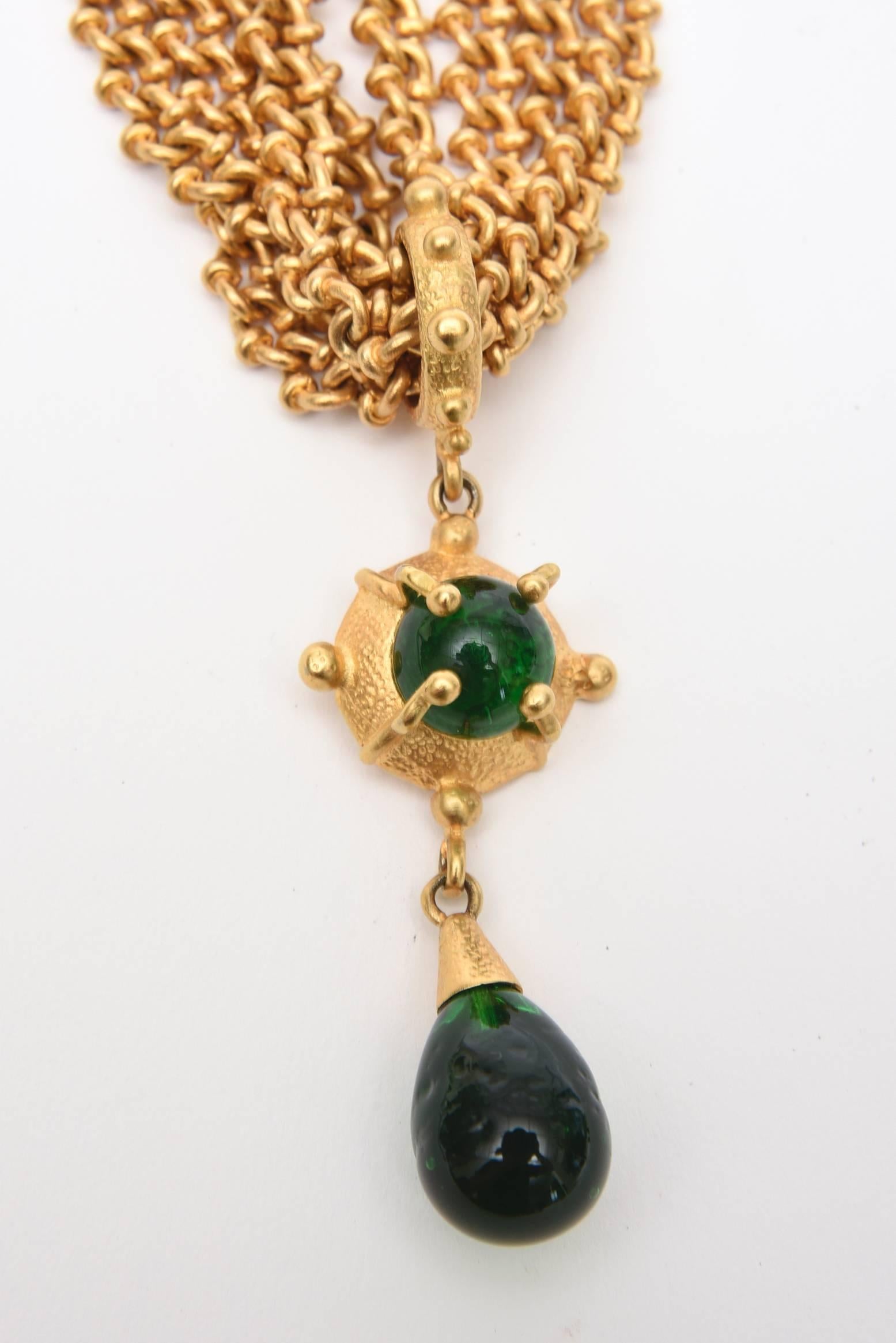 Artisan  Andrew Spingarn Gold Plated With Green Glass Sculptural Necklace, Earrings Set For Sale