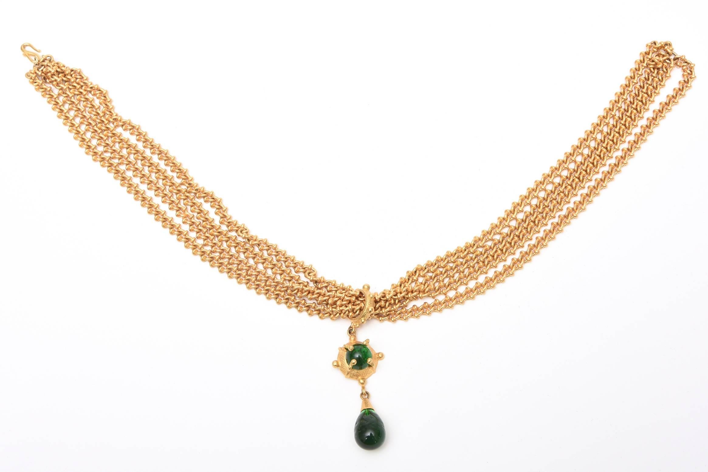 Women's  Andrew Spingarn Gold Plated With Green Glass Sculptural Necklace, Earrings Set For Sale