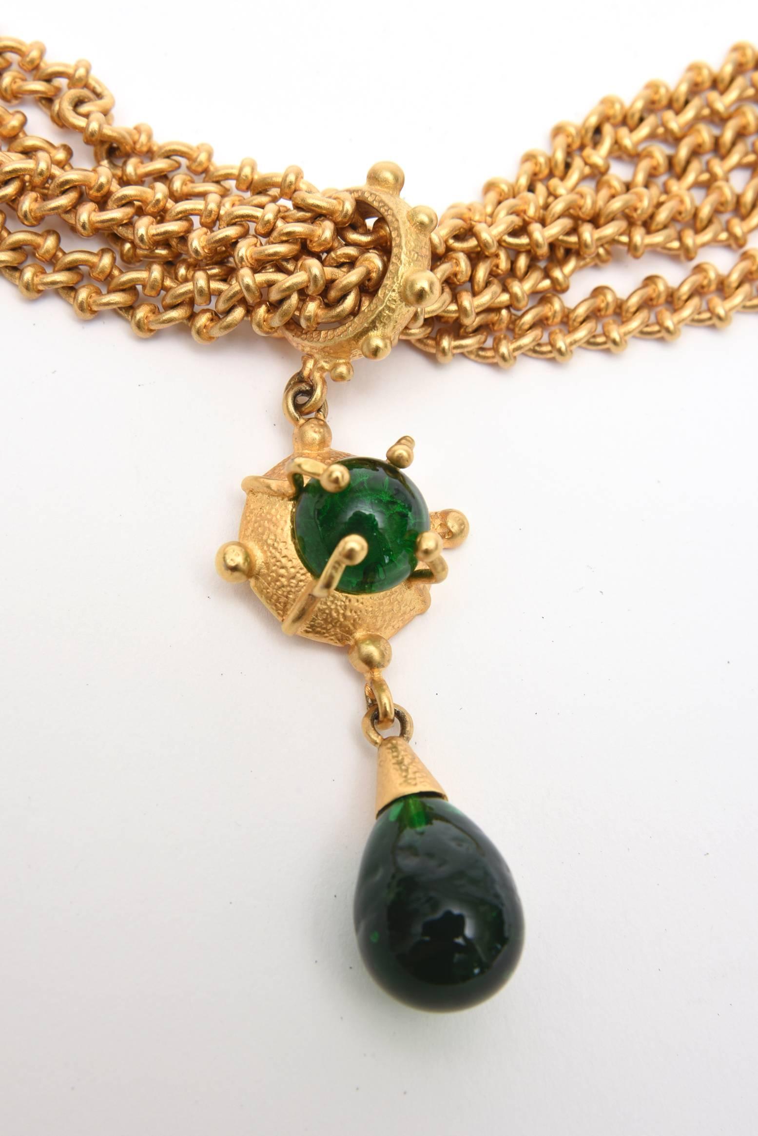  Andrew Spingarn Gold Plated With Green Glass Sculptural Necklace, Earrings Set For Sale 1