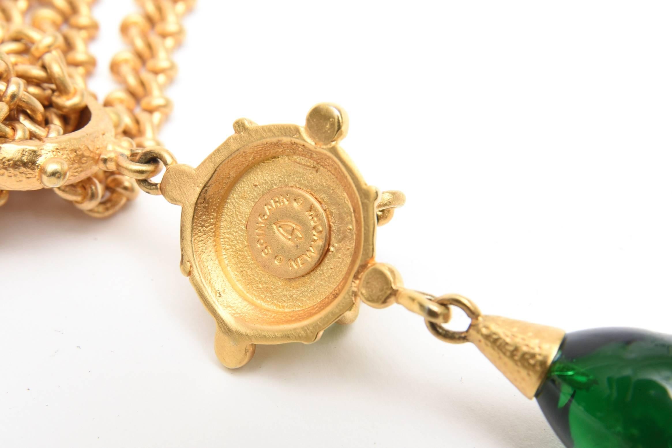 Andrew Spingarn Gold Plated With Green Glass Sculptural Necklace, Earrings Set For Sale 1