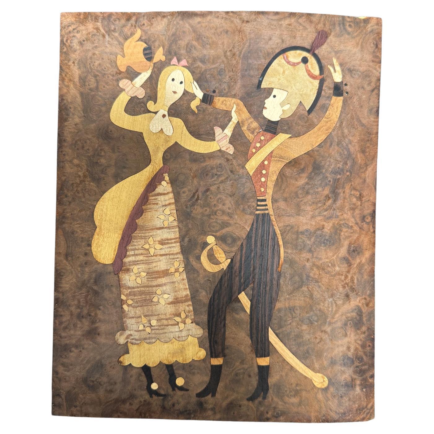 Andrew Szoeke Veneer Marquetry Couples Dancing Mid Century Modern For Sale