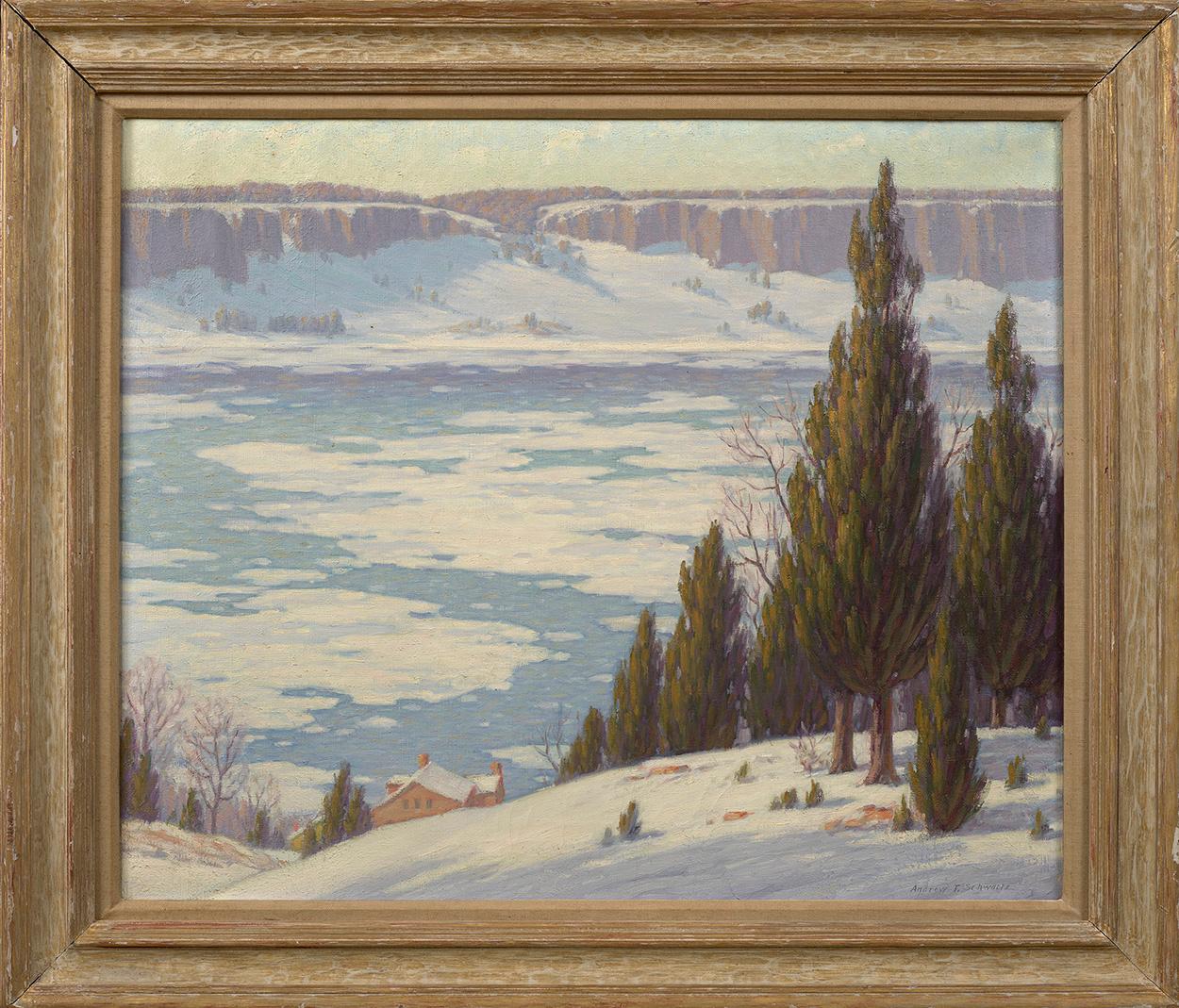 Palisades im Winter – Painting von Andrew Thomas Schwartz
