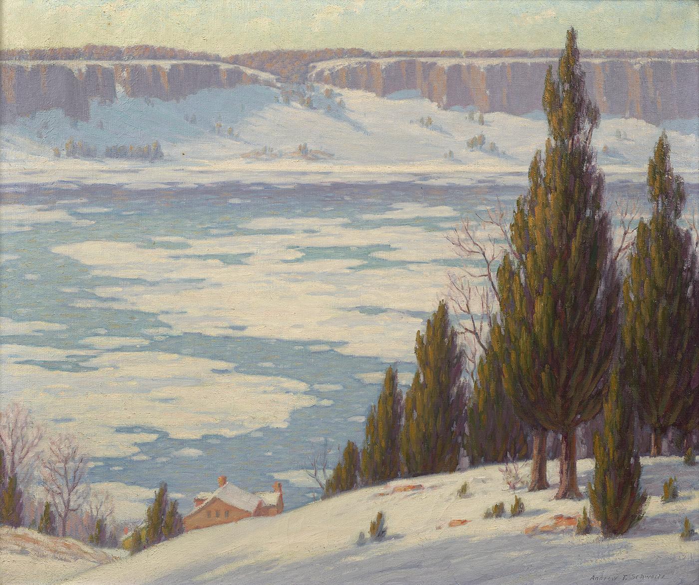 Andrew Thomas Schwartz Landscape Painting – Palisades im Winter