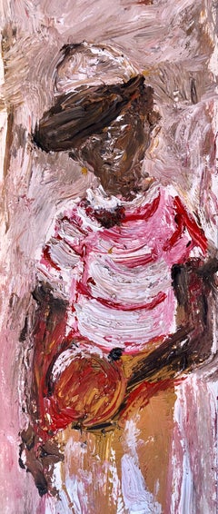 African American Boy with Ball, Realist Painting Folk Art Outsider