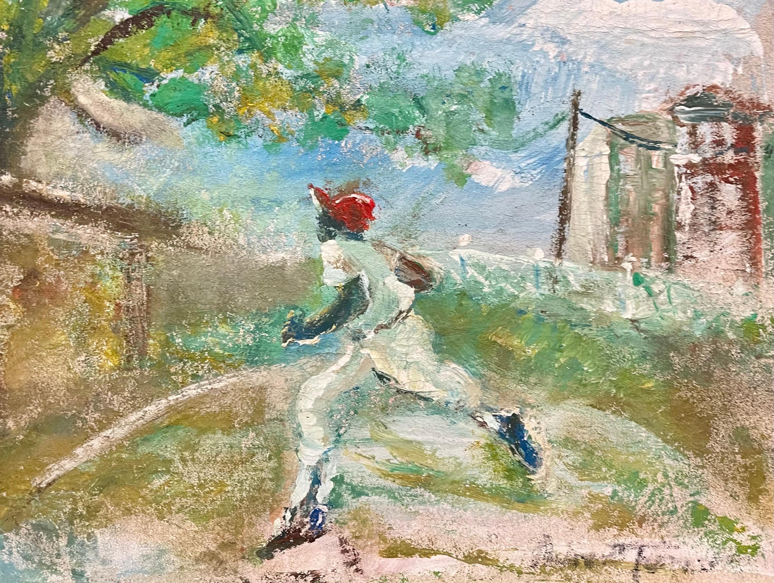 Title: Home Run
Genre: Realism, sports, baseball
Subject: People
Medium: Oil (this might be acrylic, it feels like oil) on canvas
Country: United States
Dimensions: framed 23 X 25  sight 17.5 X 19.5 
Provenance: Sande Webster Gallery in Philadelphia