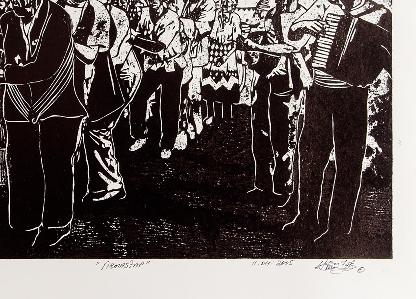 Namastap, Cardboard print on paper, 8/19, 2005, 310 x 420mm (print dimensions), 410 x 590mm (paper dimensions)

Born in Windhoek, Andrew van Wyk’s work is strongly influenced by the Damara, Nama, and Baster cultures in Namibia. Although he uses a