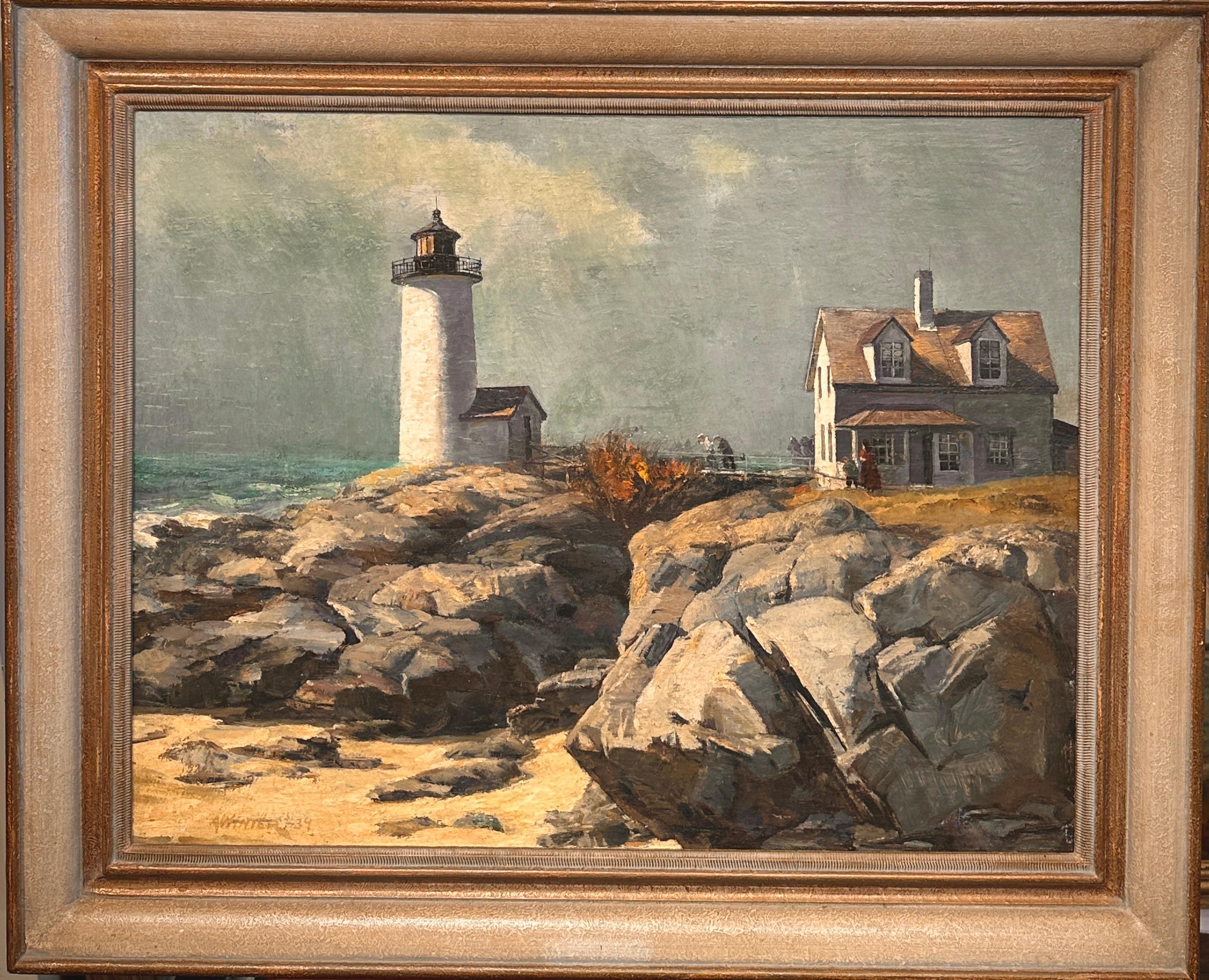 Easterly Wind, Annisquam Light 1939, Coastal Seascape Scene, Lighthouse - Painting by Andrew Winter