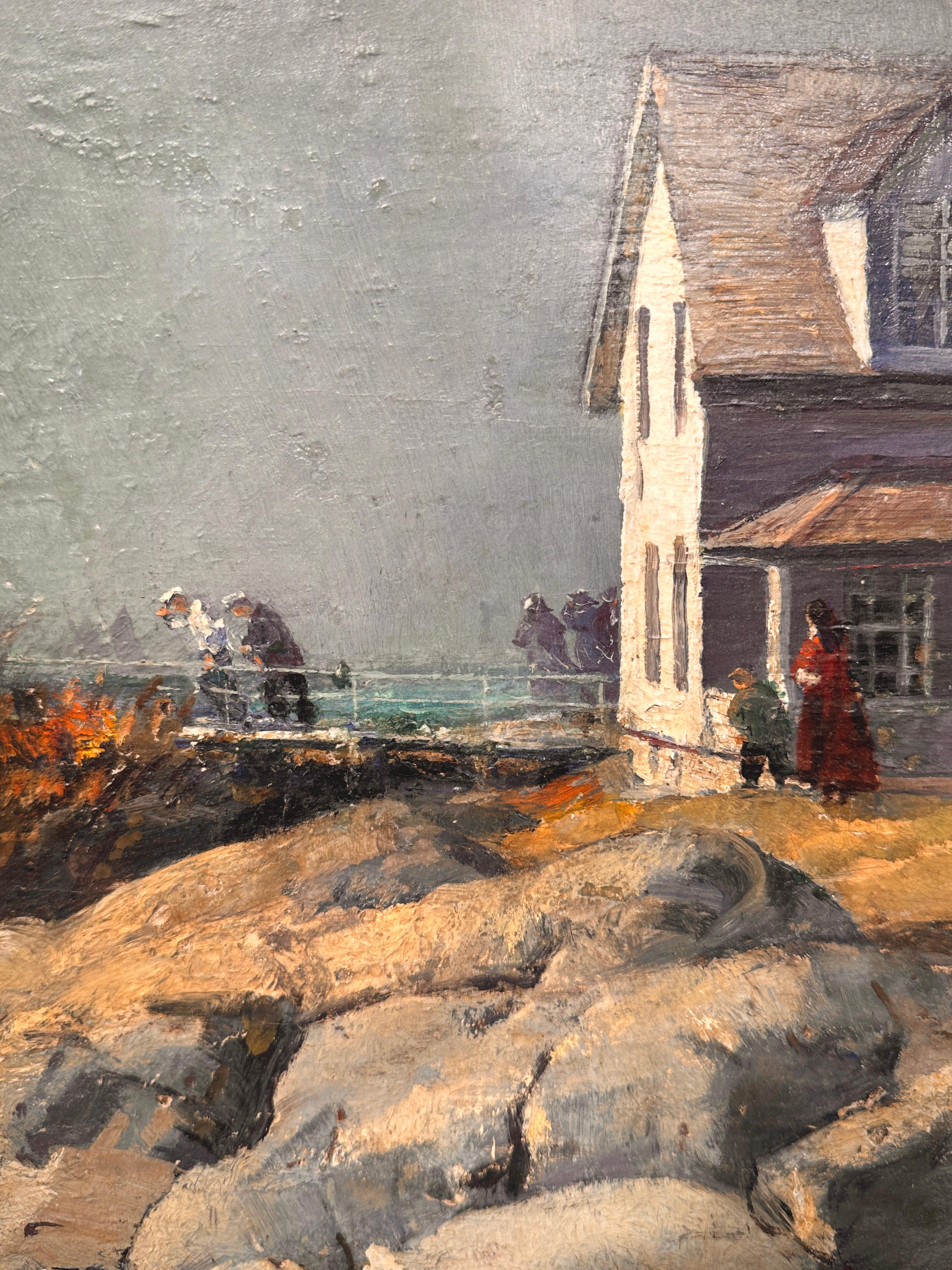 Vento di Pasqua, Annisquam Light 1939, Scena di mare costiera, Faro - Landscape Painting Marrone di Andrew Winter