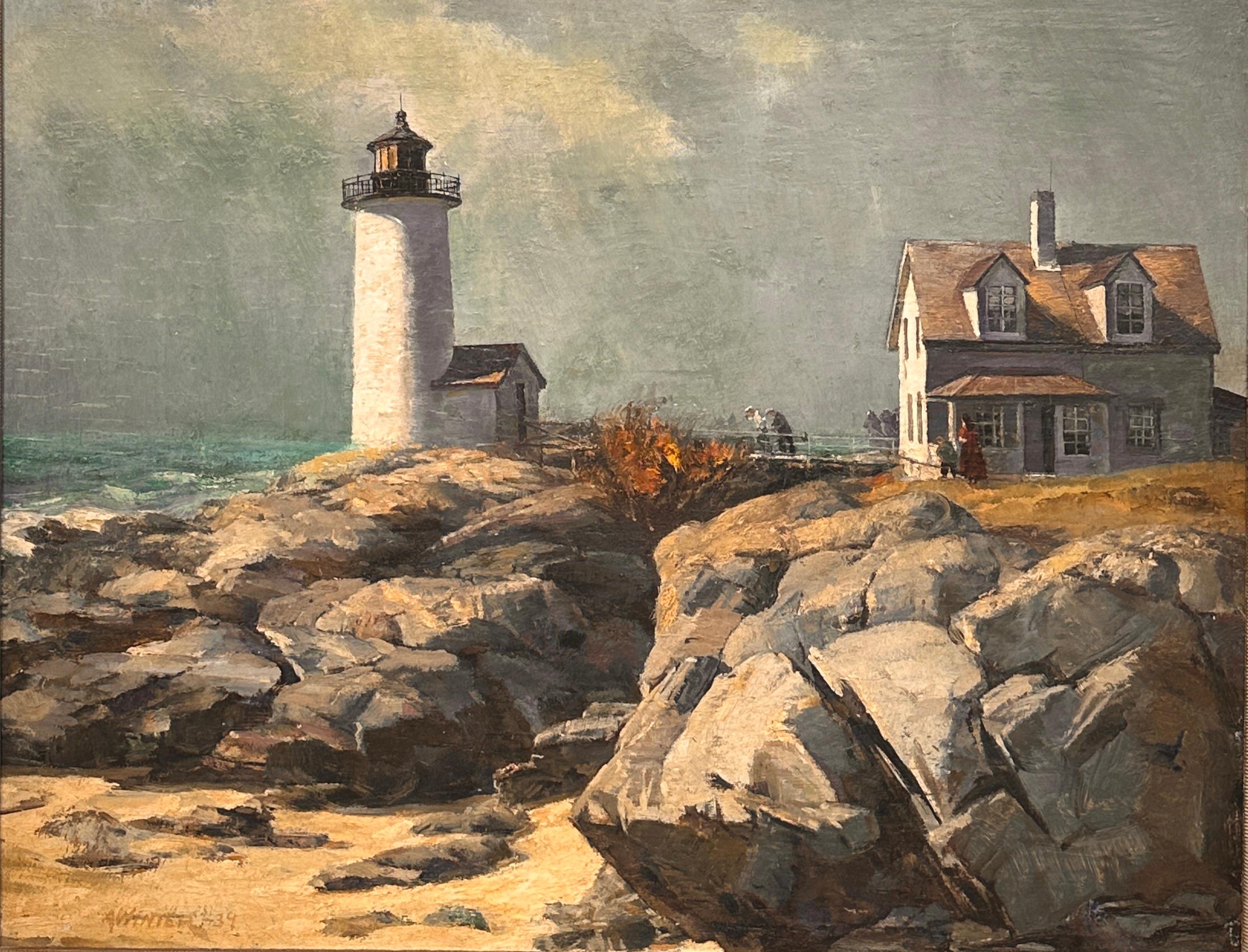 Andrew Winter Landscape Painting - Easterly Wind, Annisquam Light 1939, Coastal Seascape Scene, Lighthouse
