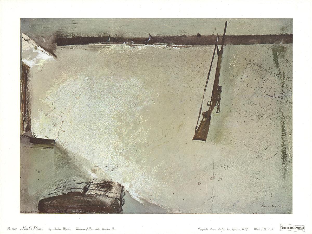 This poster features Andrew Wyeth's *Karl's Room*, an intimate and evocative work that captures the quiet, poignant atmosphere of a personal space. Presented in collaboration with the Museum of Fine Arts, Houston, Texas, the poster highlights one of