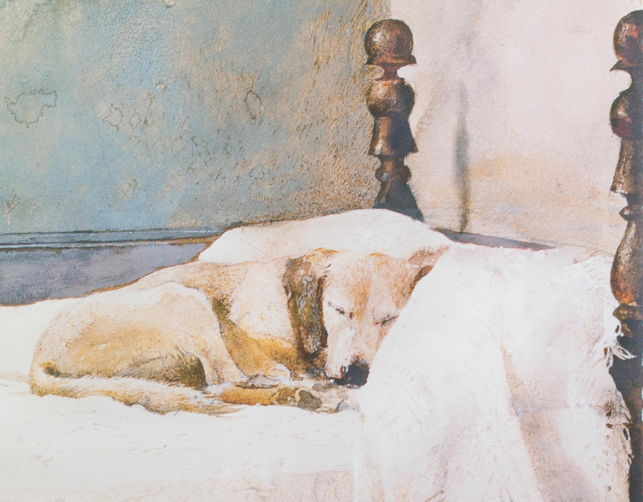 dog on bed painting