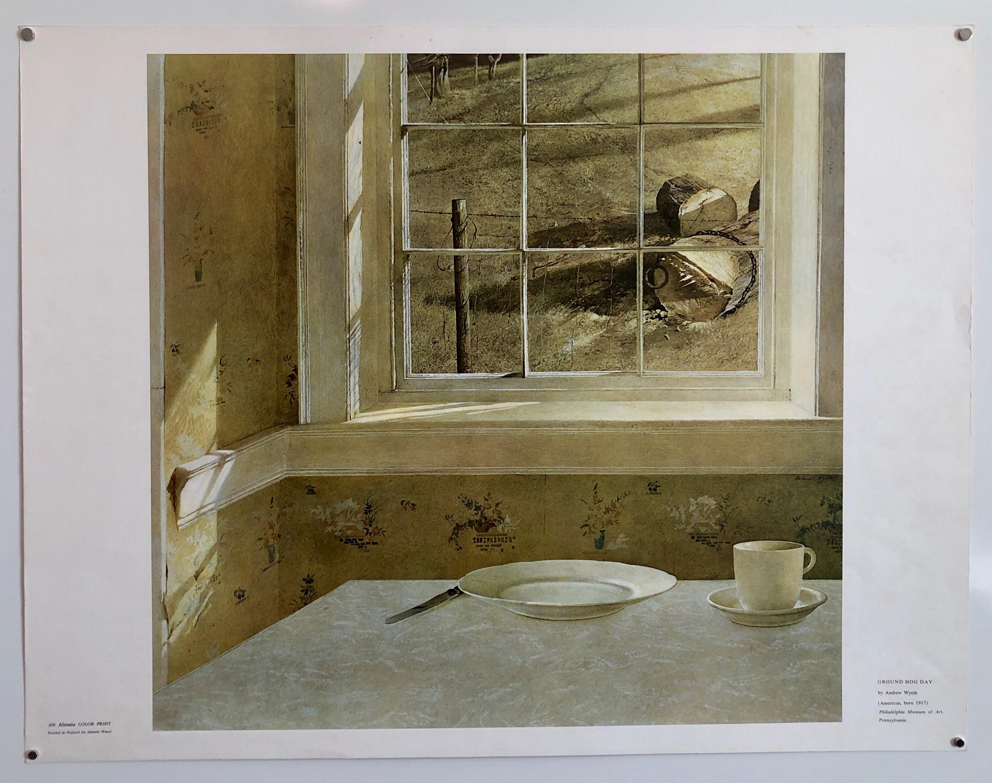 This is a vintage offset lithograph from an edition printed in Holland by Smeets Weert for Abrams Press. It is titled Ground Hog Day. it is an oil painting that is in the collection of the Philadelphia Museum of Art. 
Andrew Wyeth was born in Chadds