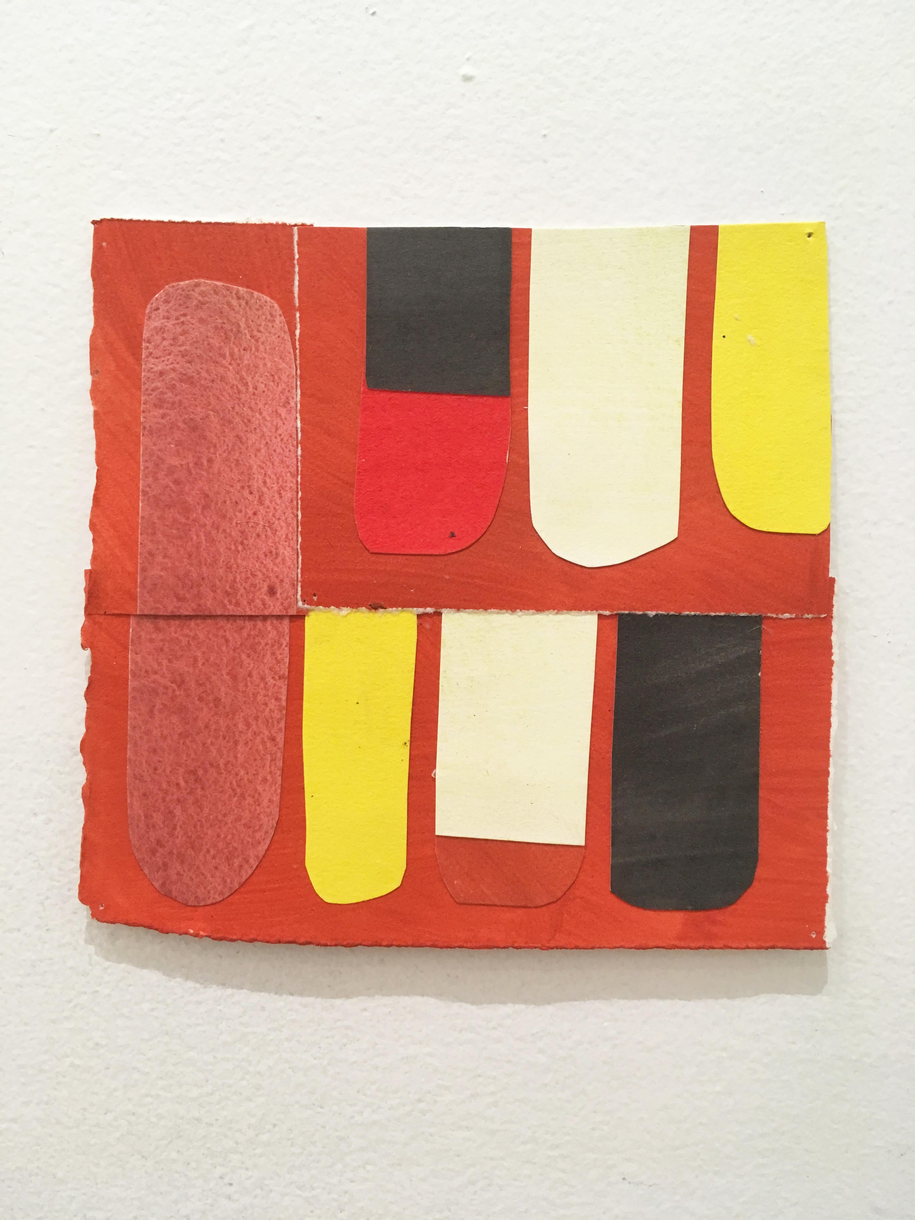 Andrew Zimmerman Abstract Painting - Scaled to Size 18, 2018, collage, acrylic on paper, yellow, pink, red, white