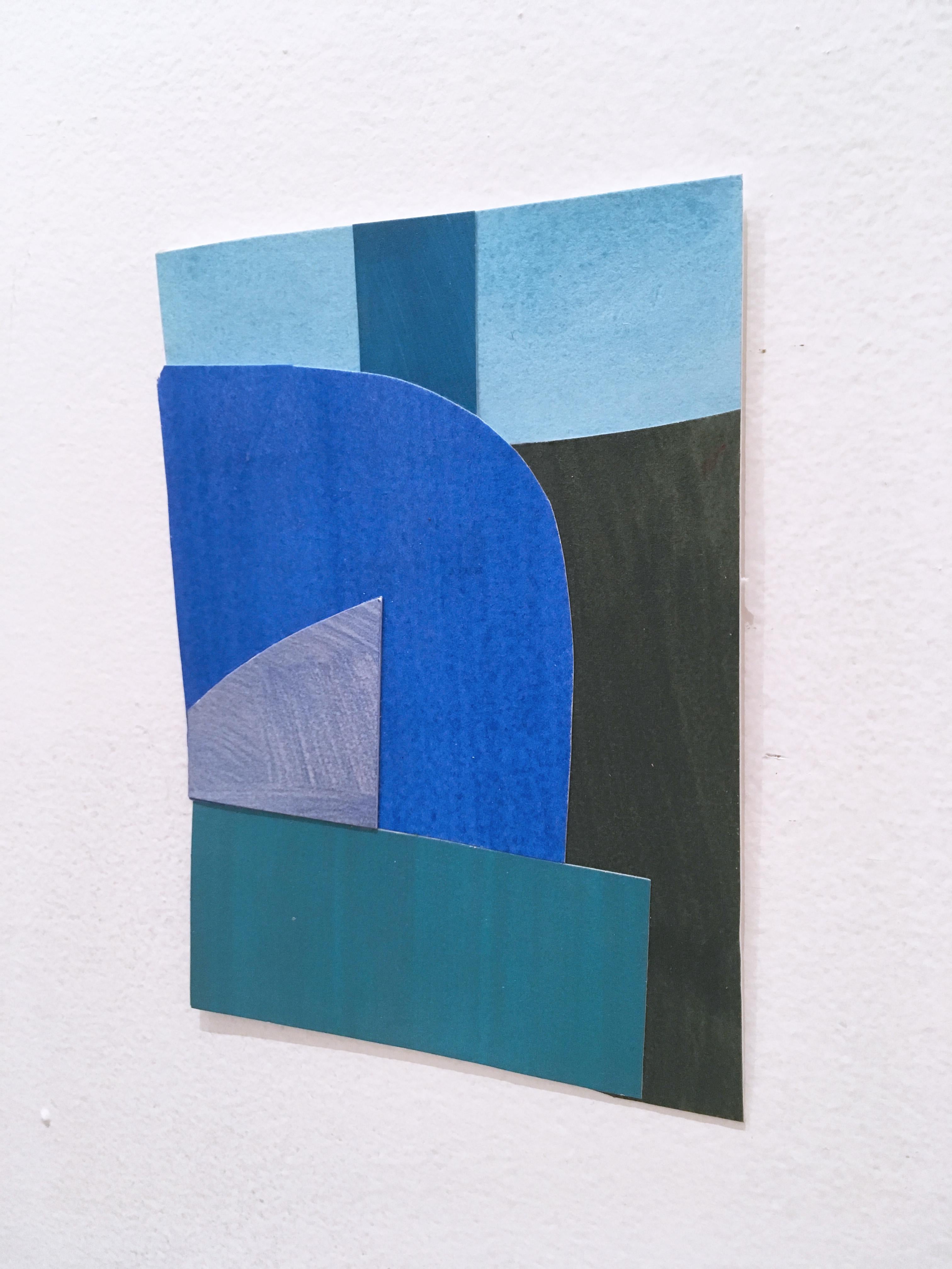 Scaled to Size 24, collage, acrylic, paper, blue, grey, teal, green, abstract - Contemporary Painting by Andrew Zimmerman