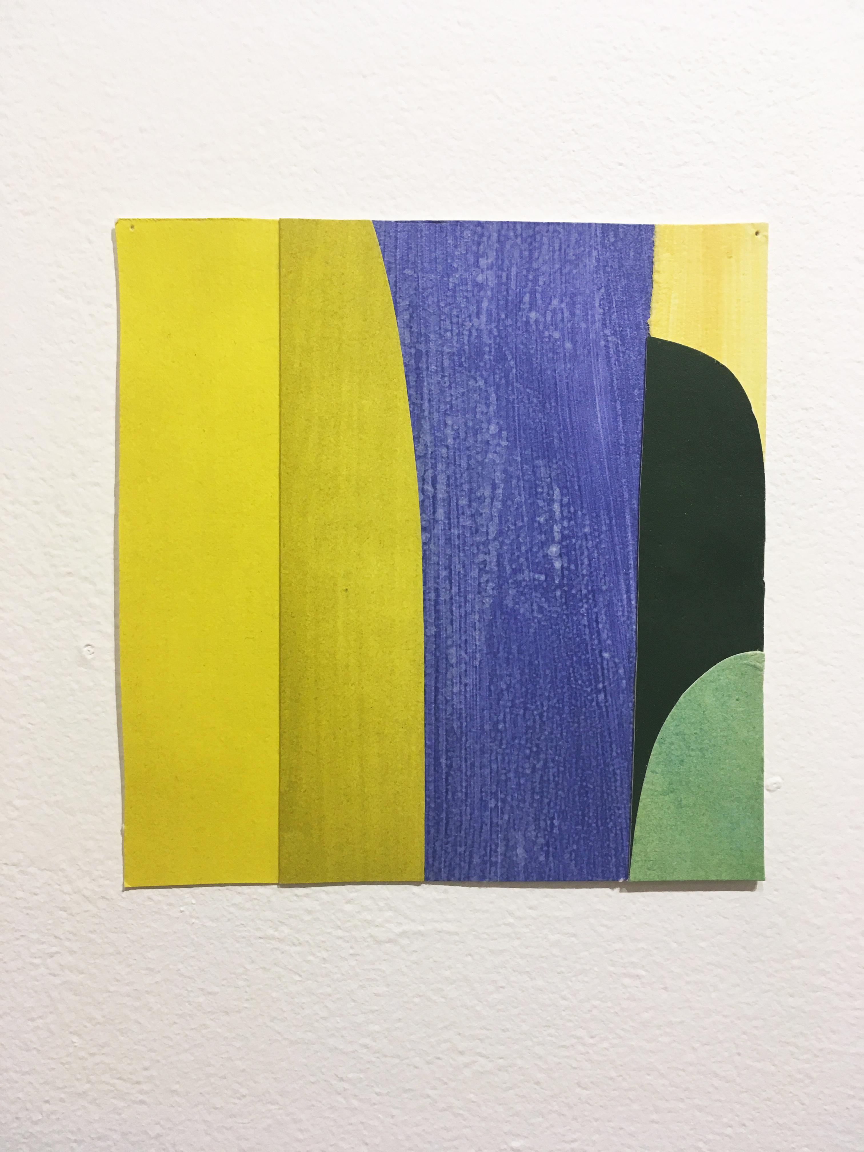 Andrew Zimmerman Abstract Painting - Scaled to Size 3, 2018, collage, acrylic on paper, green, purple, yellow