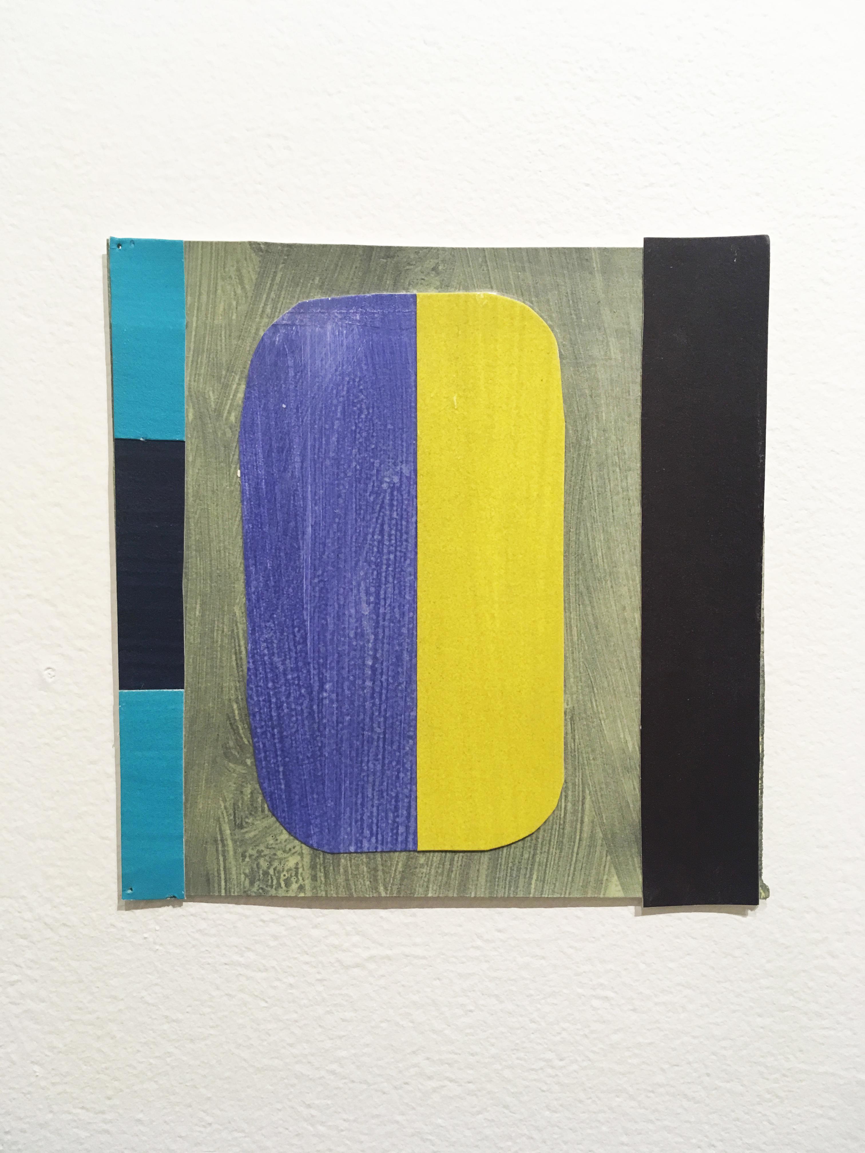 Andrew Zimmerman Abstract Painting - Scaled to Size 5, 2018, collage, acrylic on paper, blue, purple, yellow
