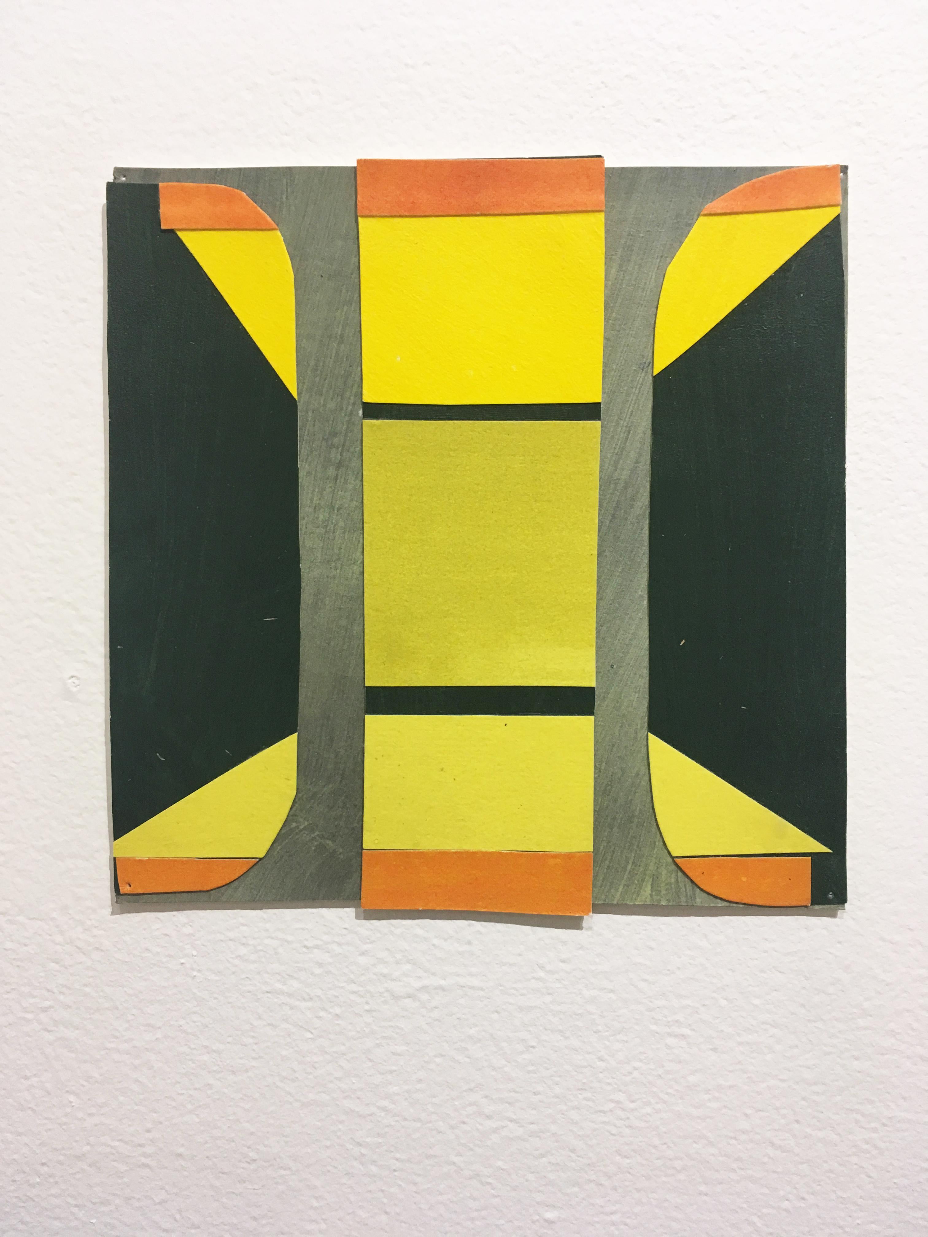 Andrew Zimmerman Abstract Painting - Scaled to Size 8, 2018, collage, acrylic on paper, green, orange, yellow