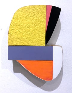 This and That, wood, wall sculpture, acrylic, yellow, pastels, abstract geometric