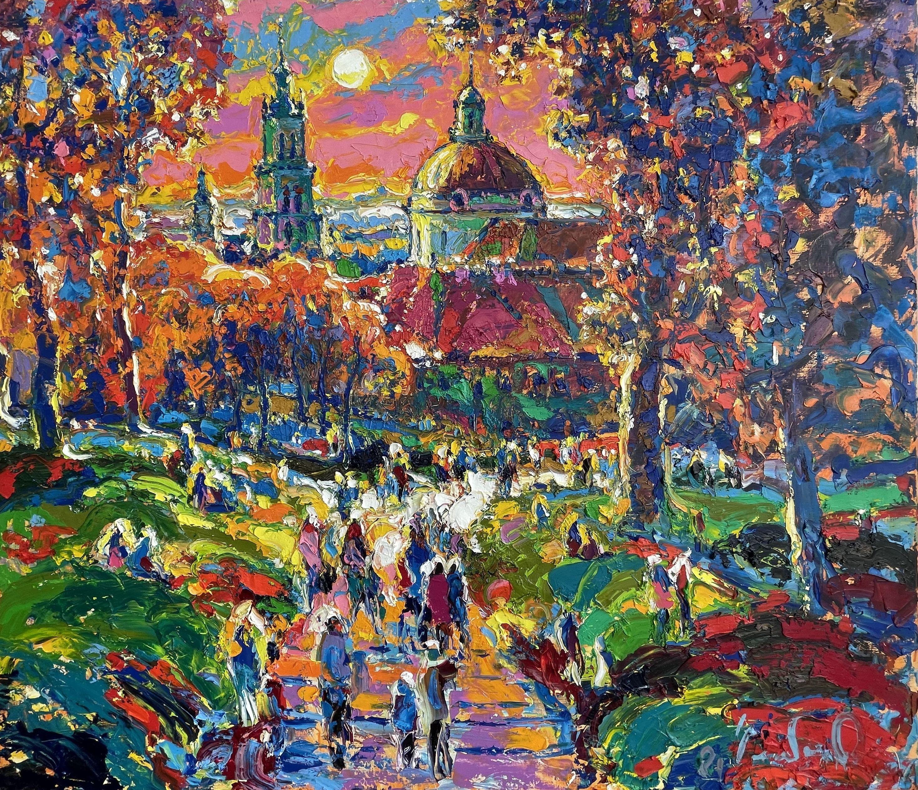 This work of art (Autumn Lviv) is a one-of-a-kind bright colorful canvas. I make really bright colors. I painted in the free style of the Impasto Impressionists.    Painted with high quality oil paints on artistic stretched canvas, this painting