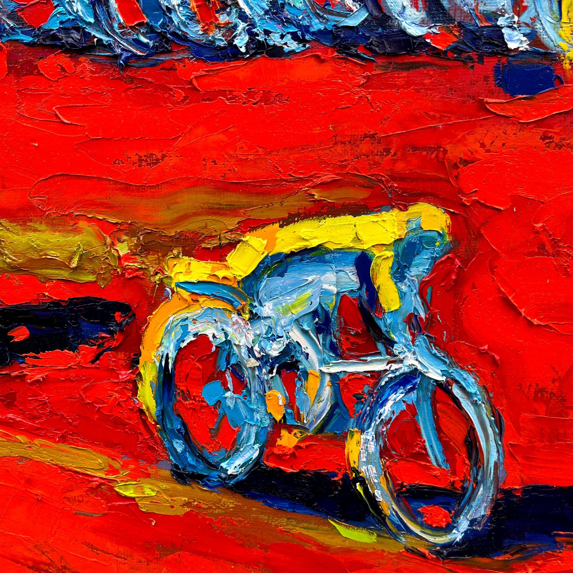 Not everyone knows how useful for our body is to ride a bicycle. Most people spend hours these days in front of computer screens, which is not healthy at all...    The painting is created with high-quality oil paints on an artistic stretched canvas.
