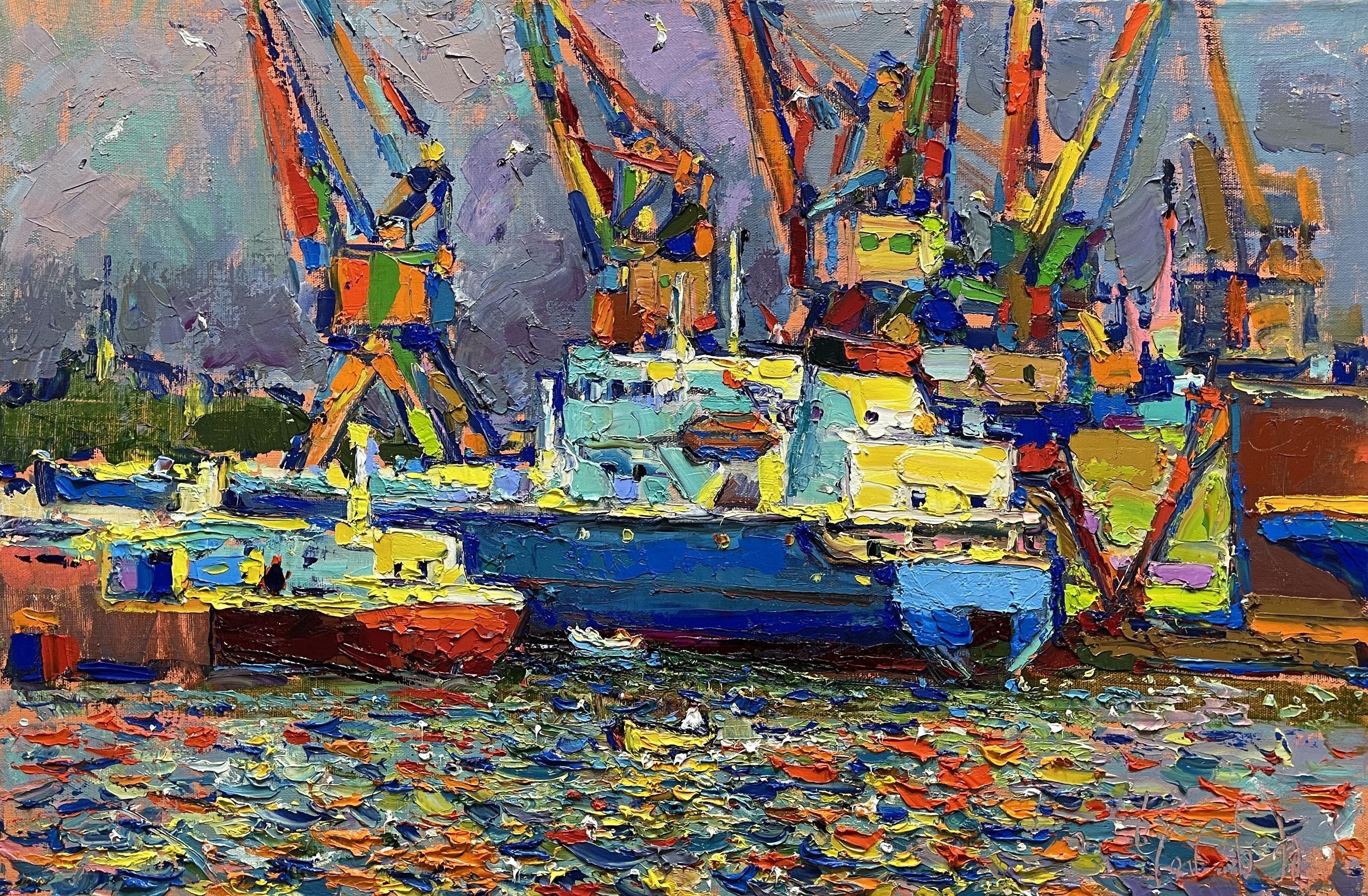 This work of art (In port) is a one-of-a-kind bright colorful canvas. I do really bright colors. I painted in the free style of the Impasto Impressionists.    This painting, painted with high quality oil paints on an artistic stretched canvas, will