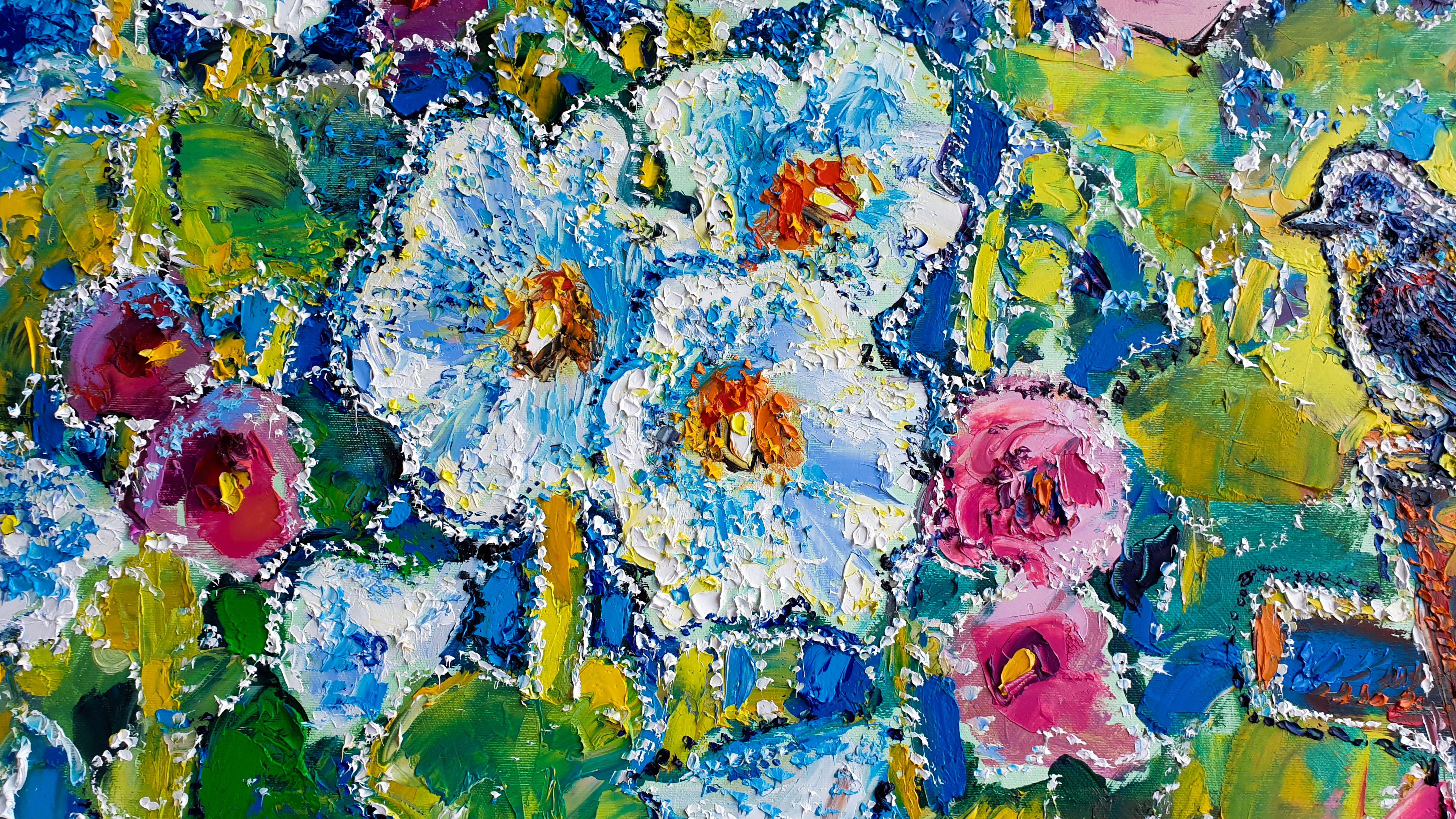 Quest'opera d'arte (Mallows in the mother's garden) è una tela colorata e luminosa unica nel suo genere. Io faccio colori molto vivaci. Ho dipinto nello stile libero degli impressionisti.    Questo quadro, dipinto con colori a olio di alta qualità