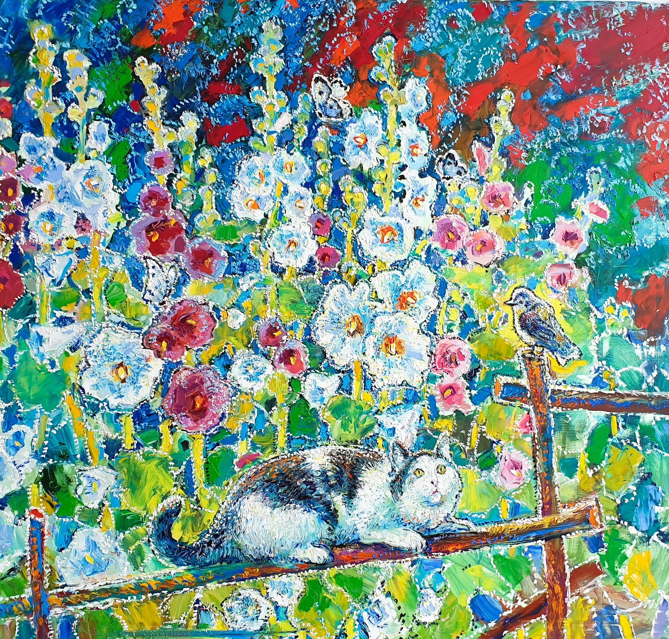 Mauves dans le jardin de la mère, Peinture, Huile sur toile - Painting de Andrey Chebotaru