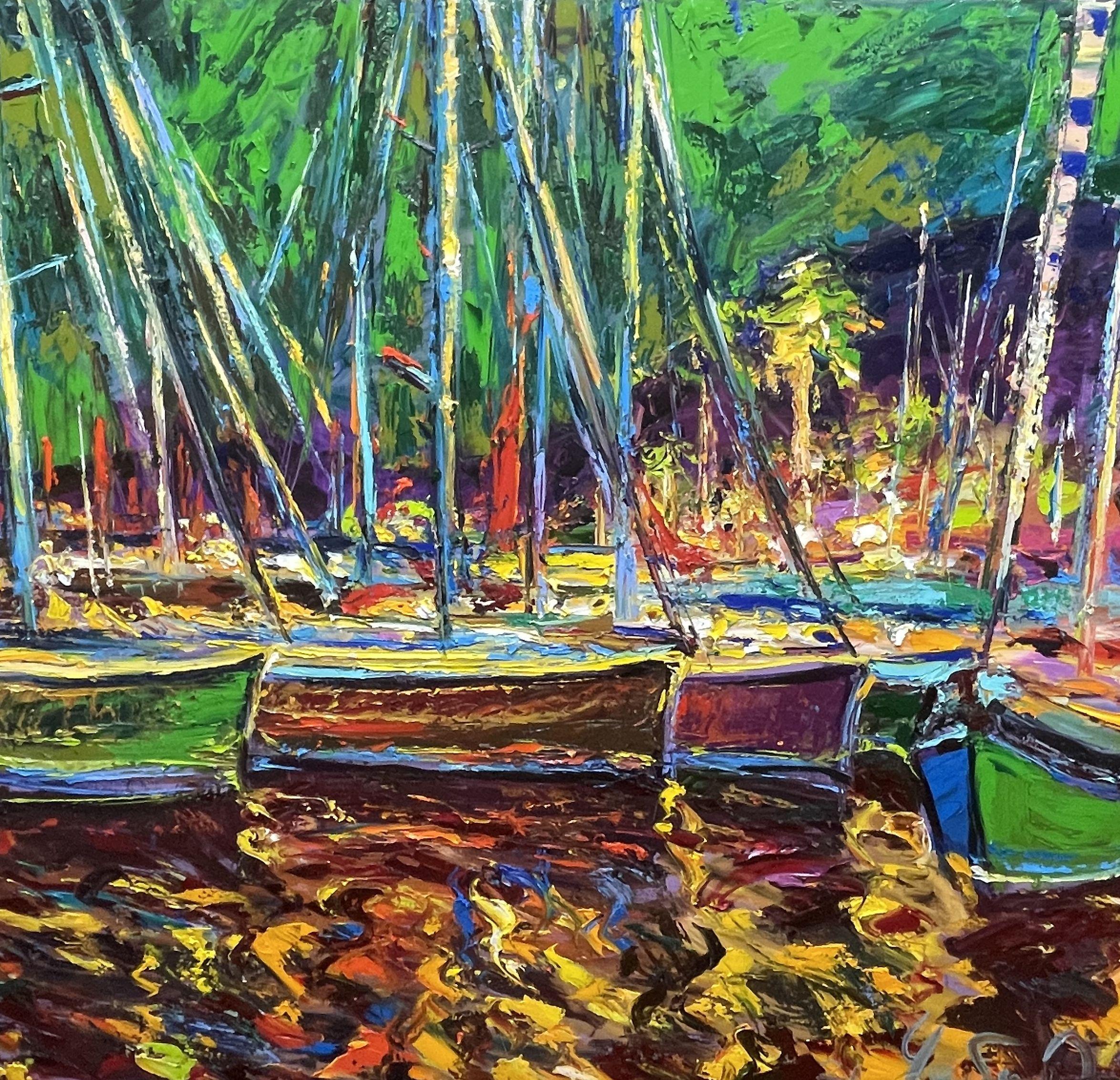 This work of art (Night marina of Marmaris) is a one-of-a-kind bright colorful canvas. I make really bright colors. I painted in the free style of the Impasto Impressionists.    Painted with high quality oil paints on artistic stretched canvas, this