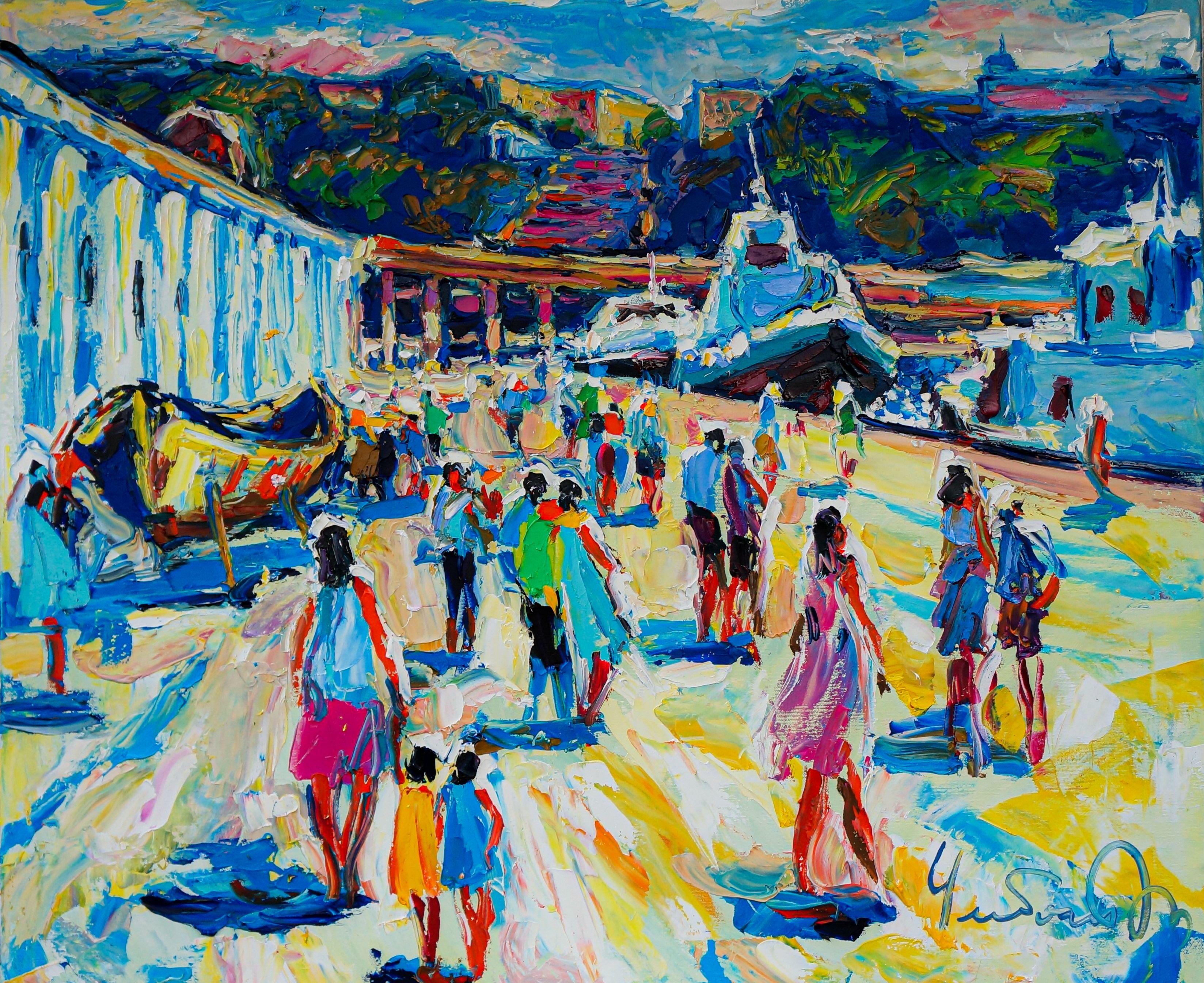 Vivid memories from Odessa, straight from the sea station. Bright sunlit people beckoning to the eye. :: Painting :: Impressionist :: This piece comes with an official certificate of authenticity signed by the artist :: Ready to Hang: No :: Signed: