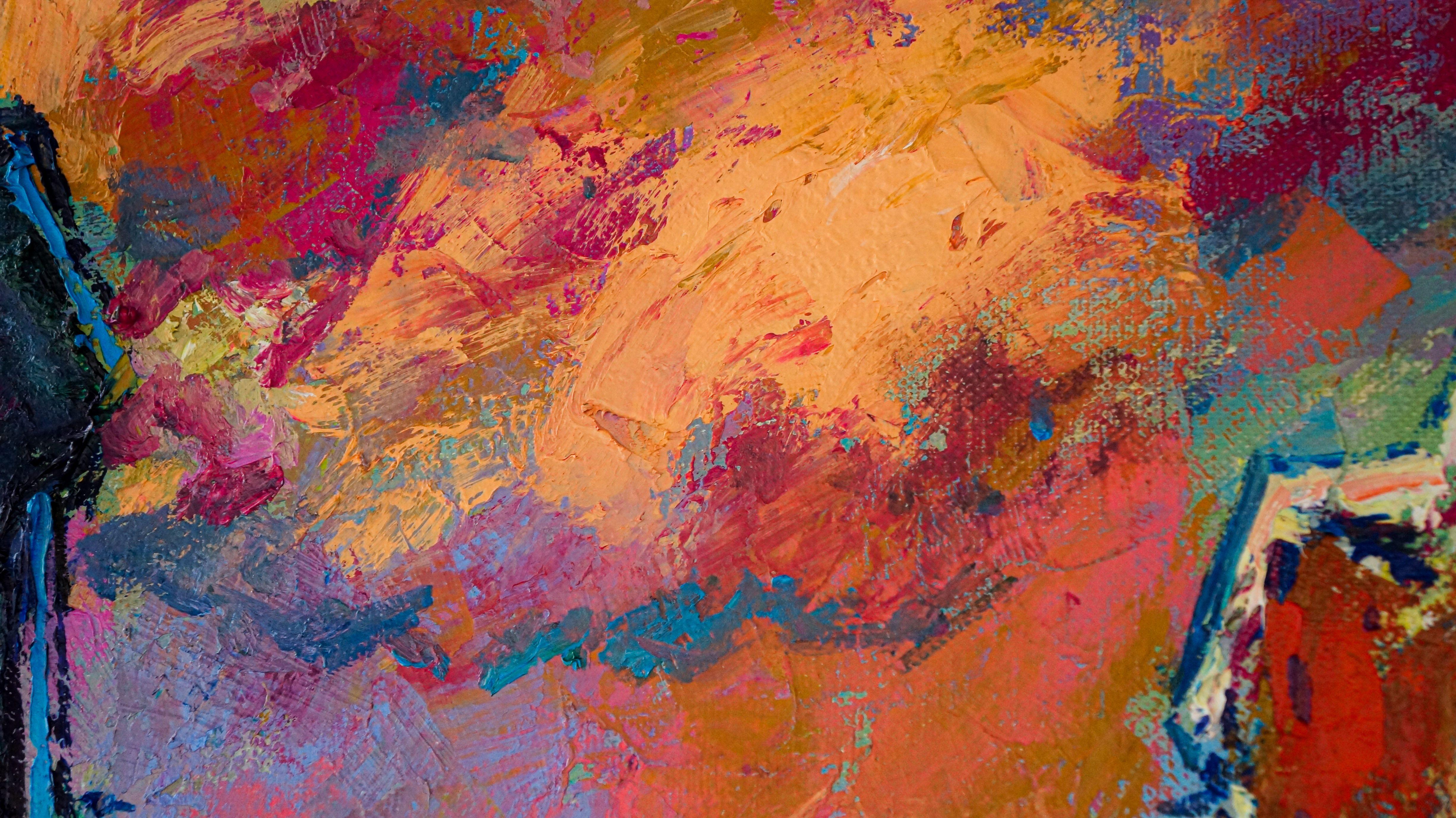 Los tonos fríos multicolores están esparcidos por el lienzo. Las casas verde esmeralda que se elevan hacia el cielo contrastan con los tonos rosados del cielo y los reflejos en la nieve :: Pintura :: Expresionismo :: Esta obra se entrega con un