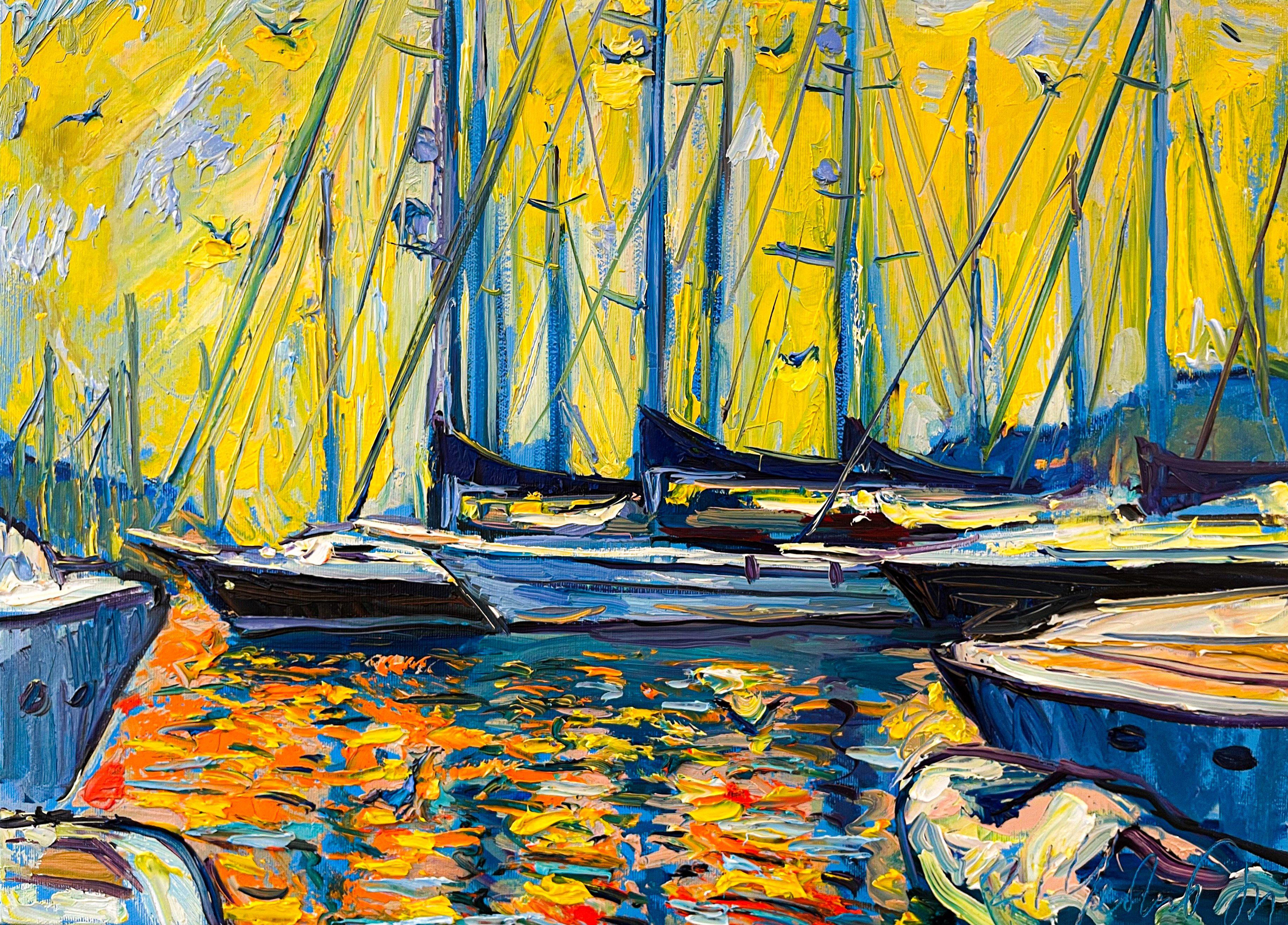 The yellow sky combined with seagulls in flight creates a pleasant romantic picture. Yachts standing one after another, reflections of a bright sky rippling, saturated shadows. :: Painting :: Impressionist :: This piece comes with an official