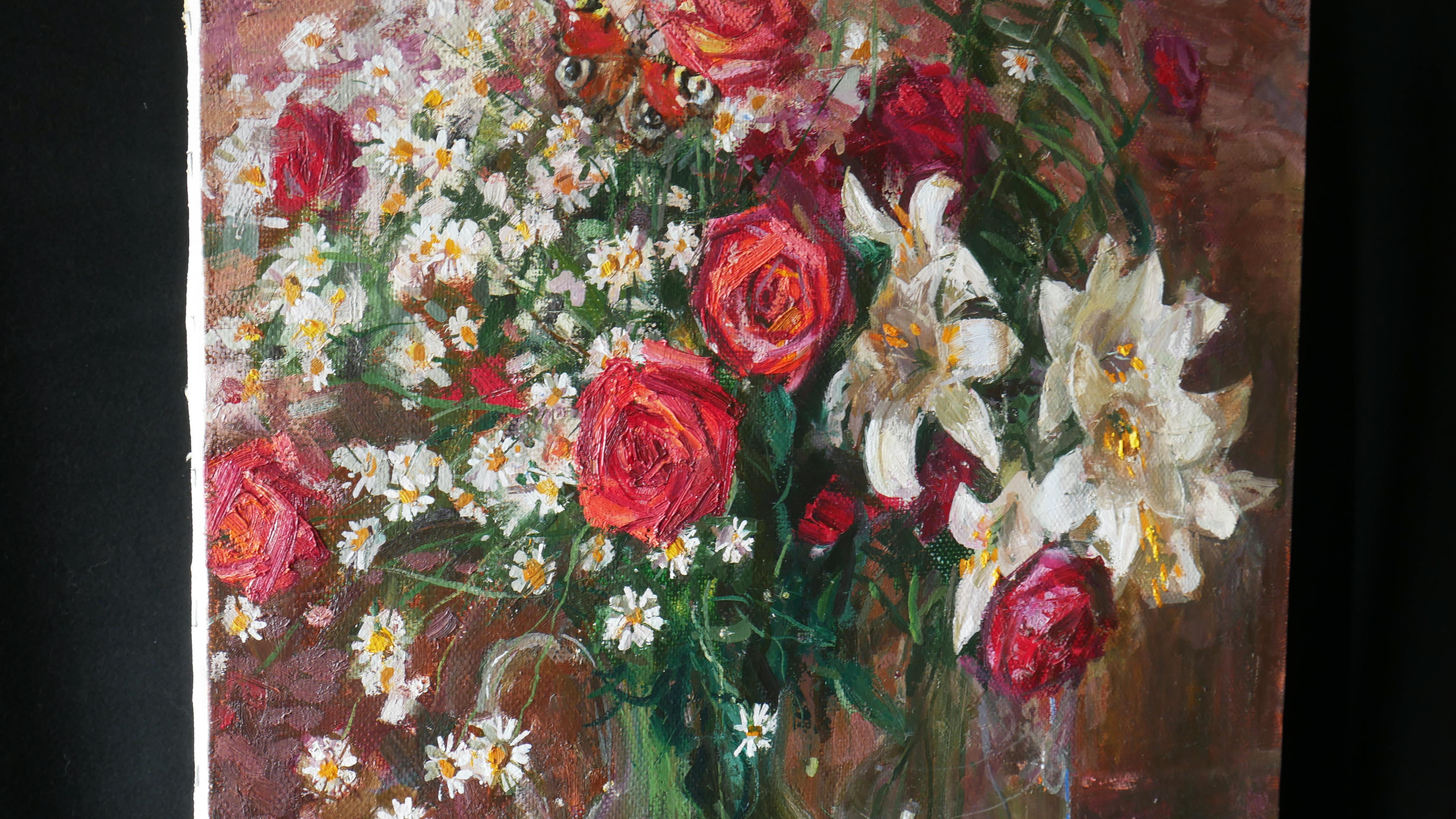 Bouquet Of Roses, Lilies, Daisies - Impressionist Painting by Andrey Dmitriev