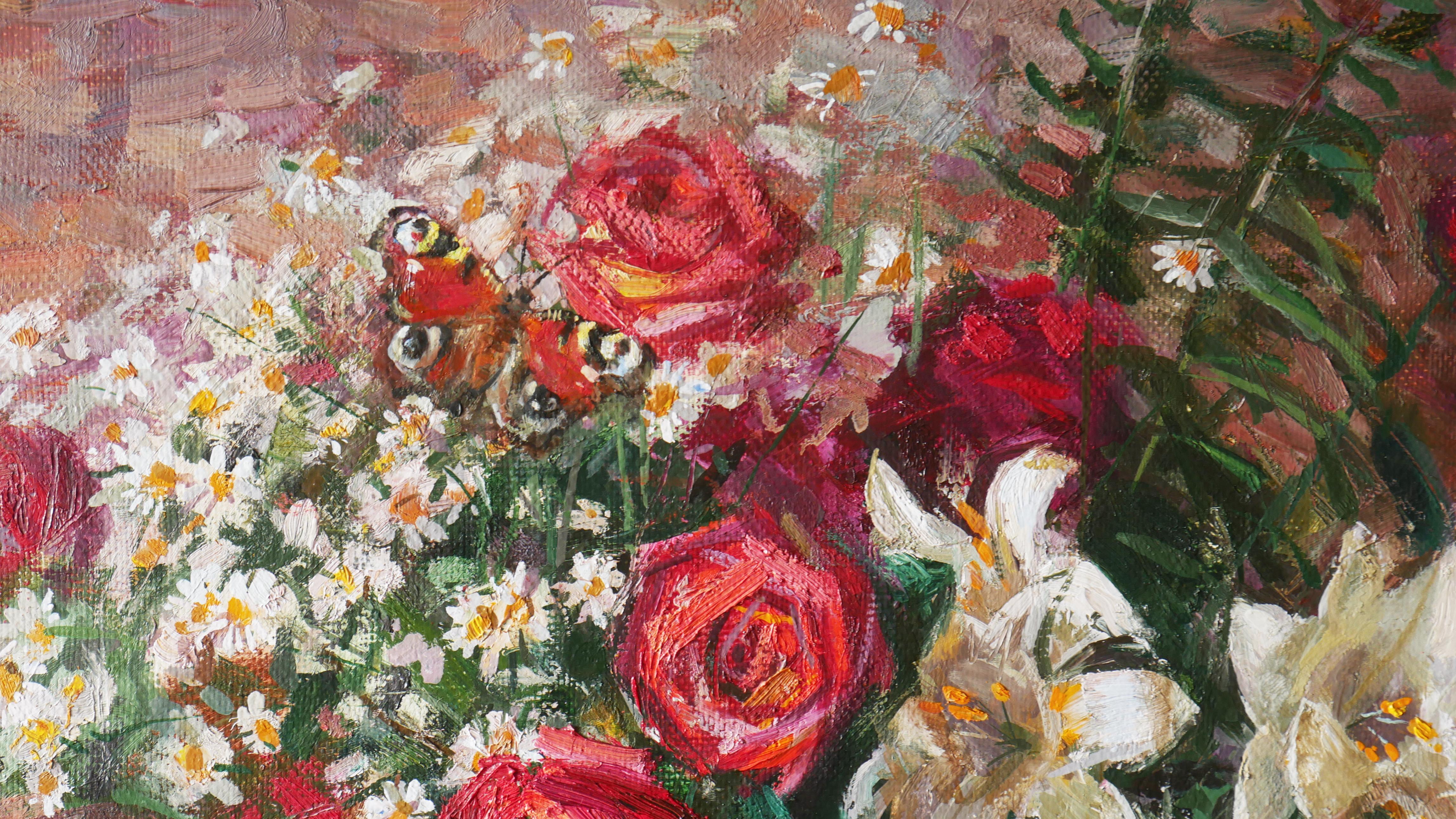 Bouquet Of Roses, Lilies, Daisies - Black Still-Life Painting by Andrey Dmitriev