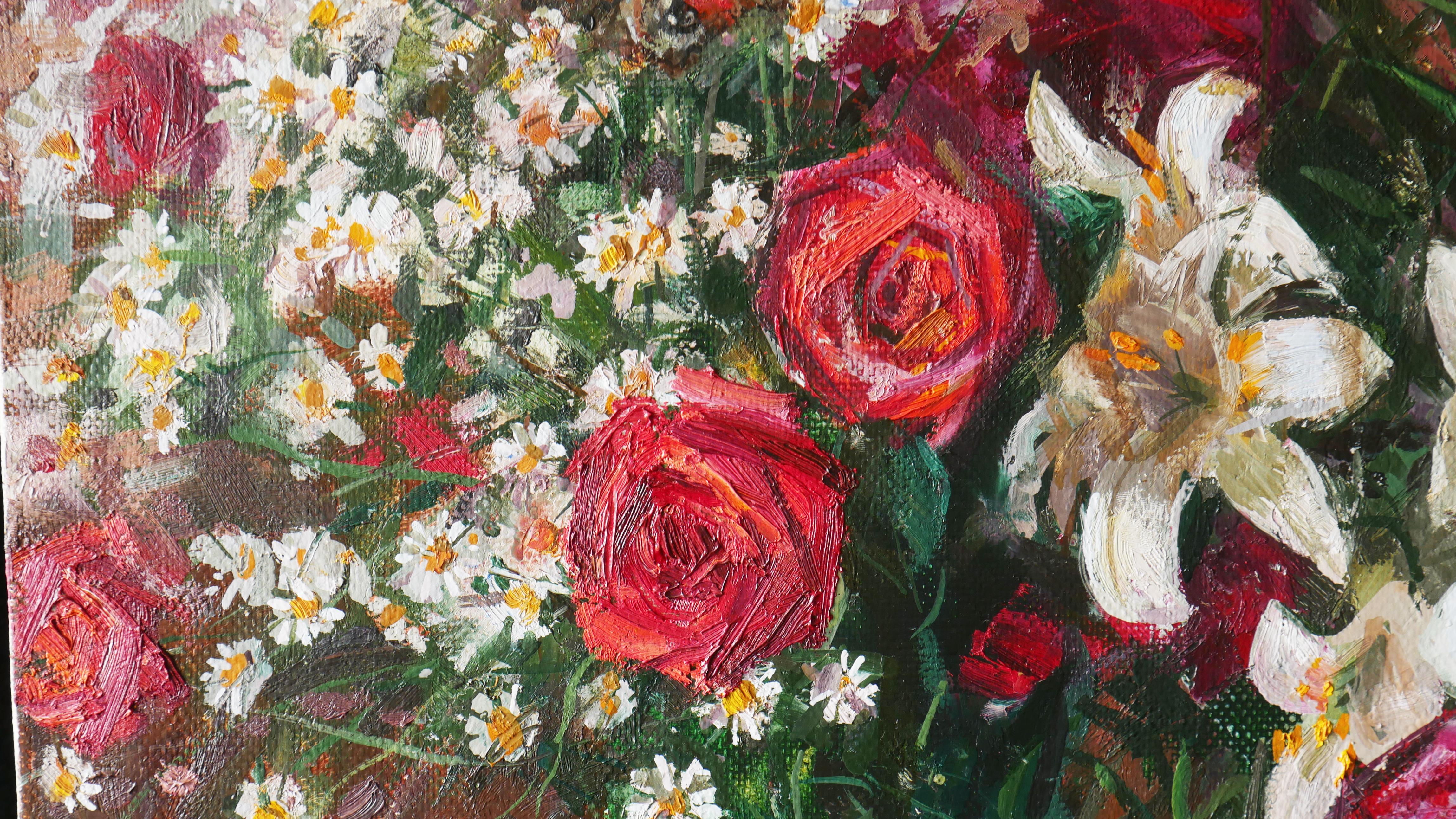 A professional painting with beautiful flowers will be a wonderful decoration for your interior. The still life is painted in contrasting shades. The highlight of the painting is the peacock butterfly, which flew in to stay on the painting