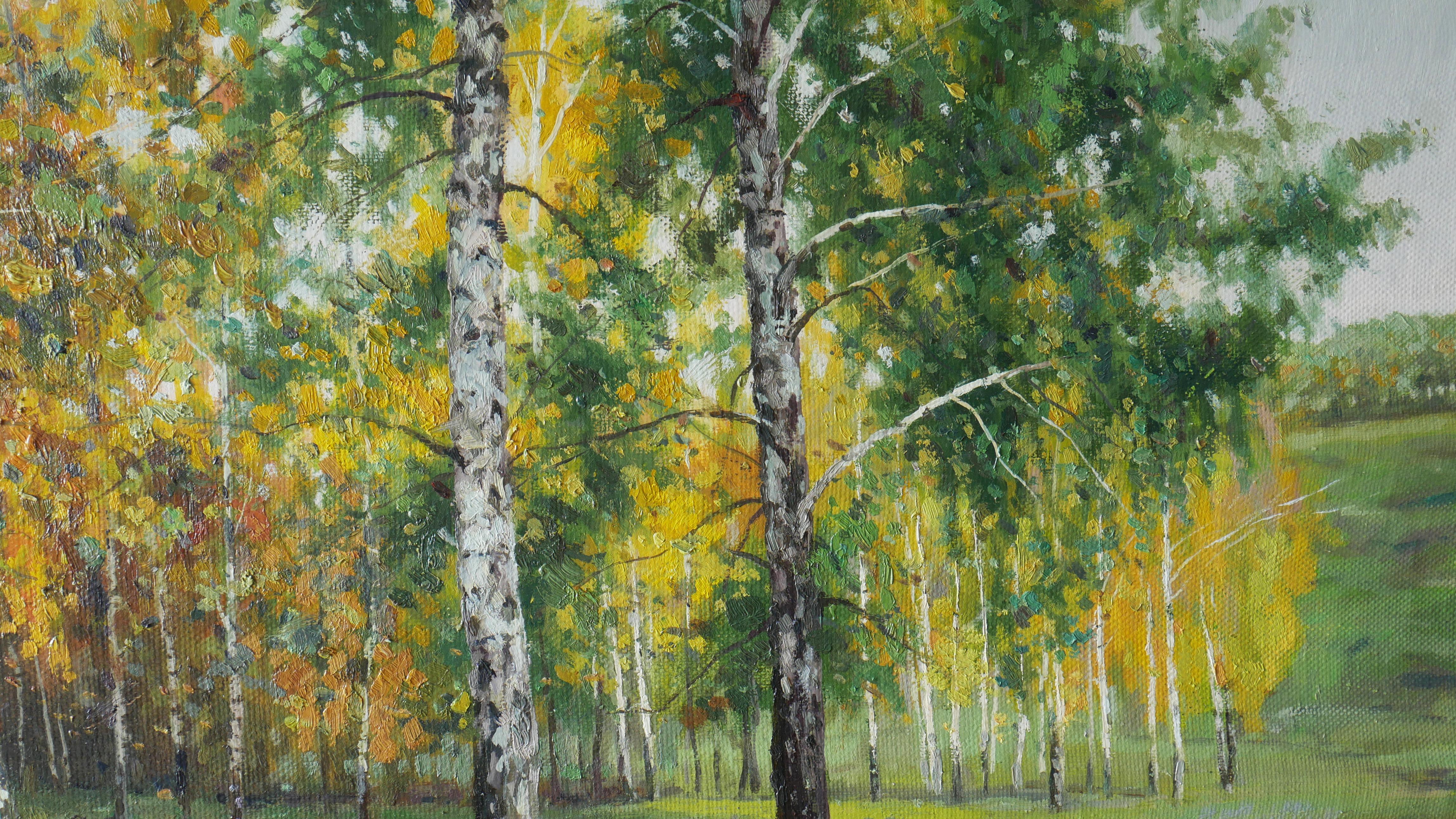 The sunny autumn painting is filled only with positive energy and emotions. A beautiful play of sunlight and purple shadows create the magical atmosphere of an autumn birch forest.

The artwork is author's and original. It's signed on the front and