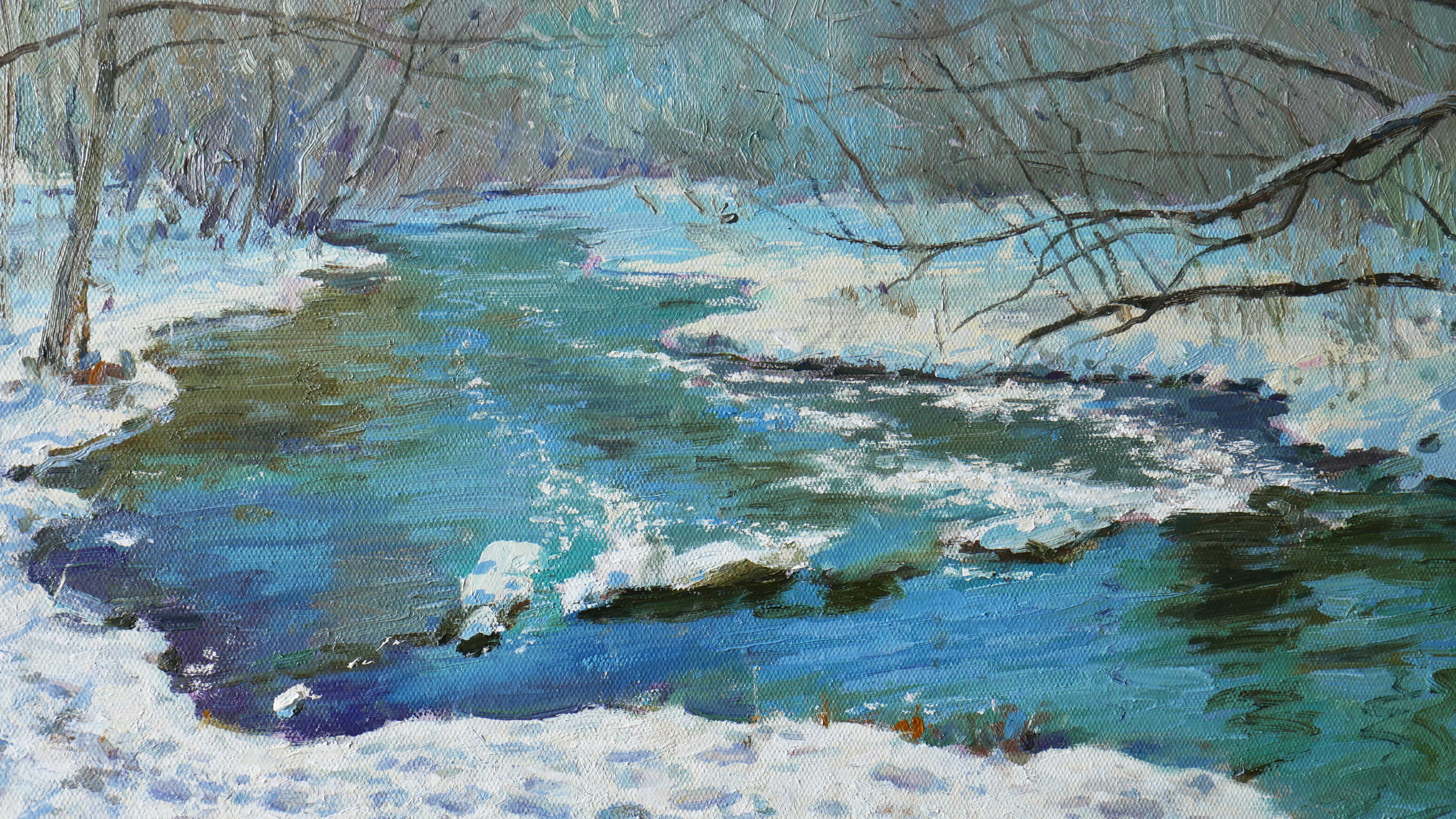 The painting depicts a river winding through a forest, bathed in bright and golden sunlight. The water sparkles under the sun's rays, reflecting the shades of the surrounding trees and sky. The scene radiates warmth and tranquility, capturing the