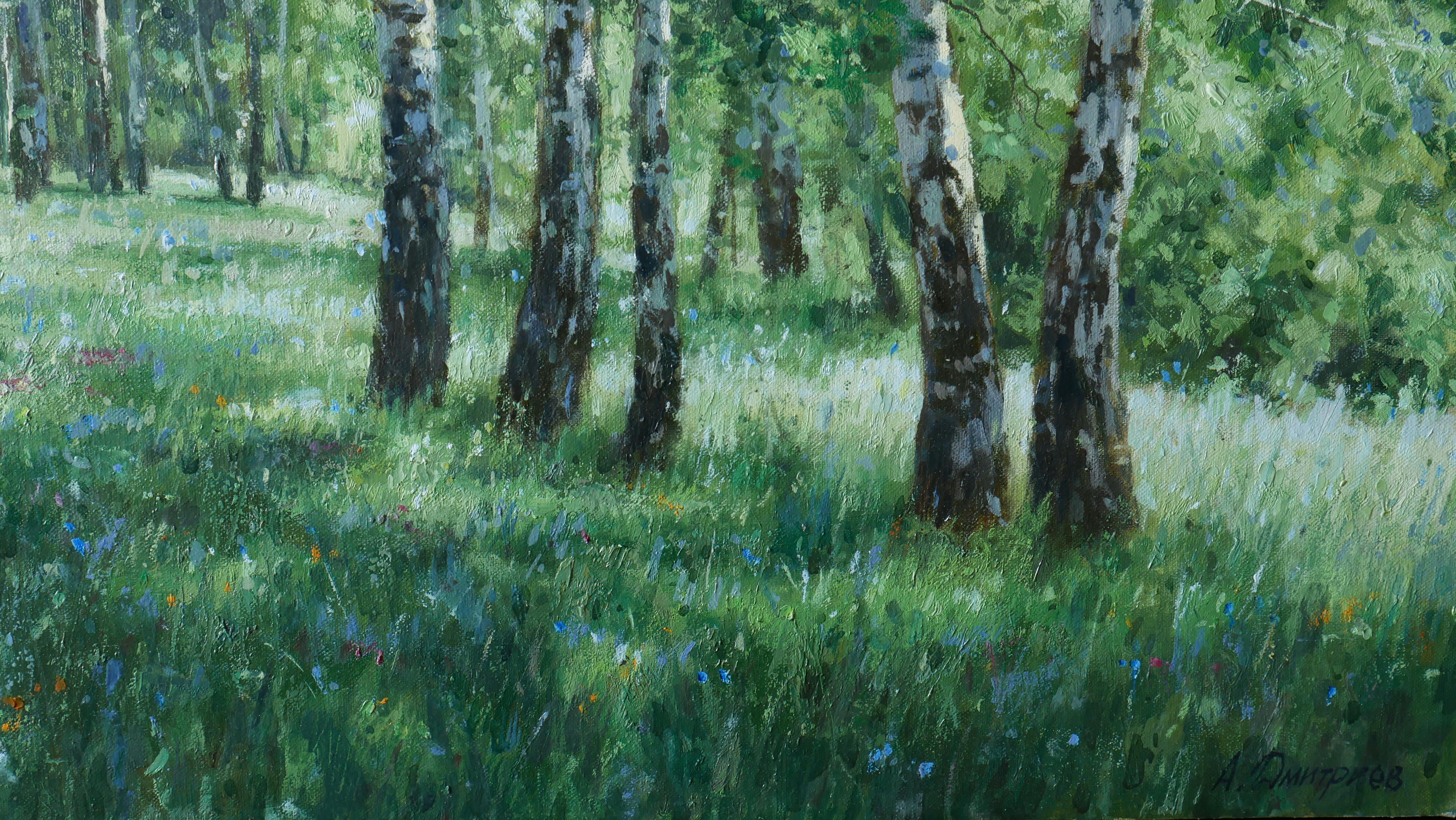 The Sunny Birch Forest (Grau), Landscape Painting, von Andrey Dmitriev