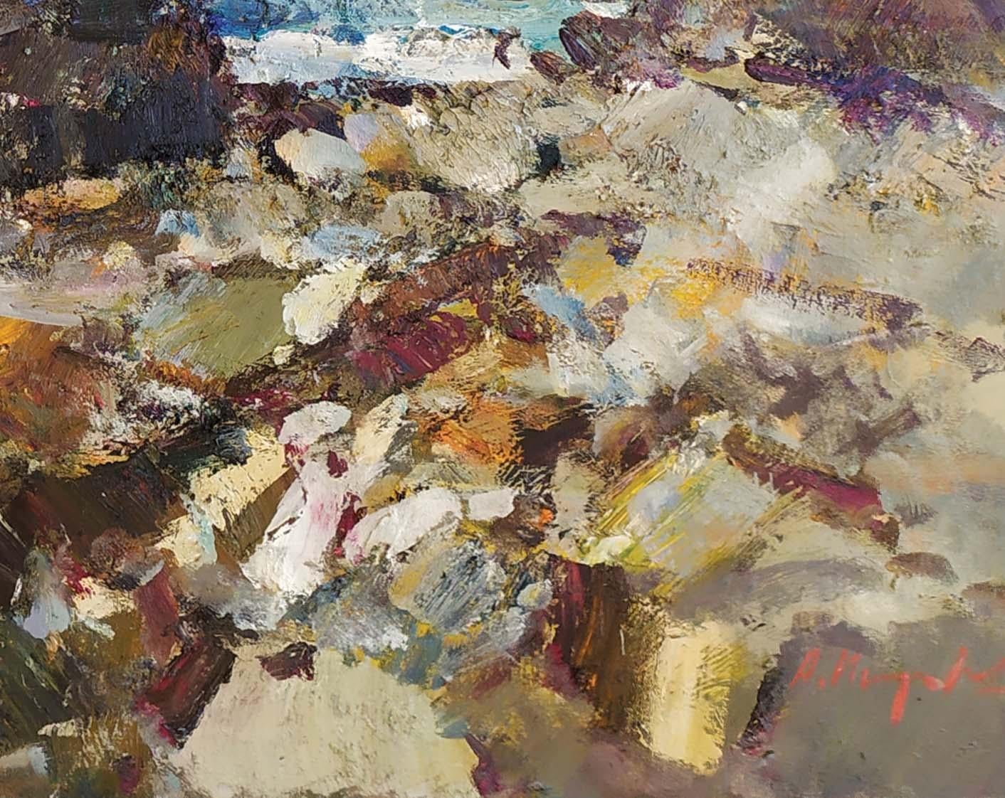 Rivage rocheux - Gris Landscape Painting par Andrey Inozemtsev