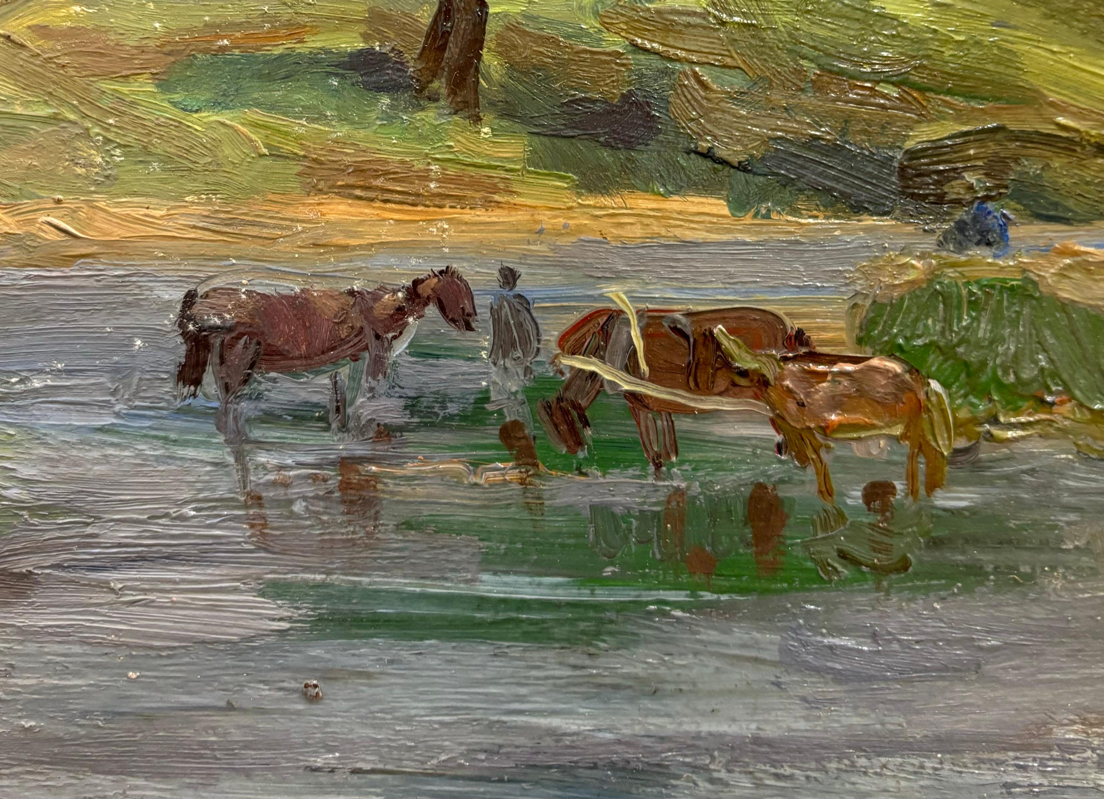 Bellissima opera degli anni 50 
Bellissima luce su mulino ad acqua con pescatori 