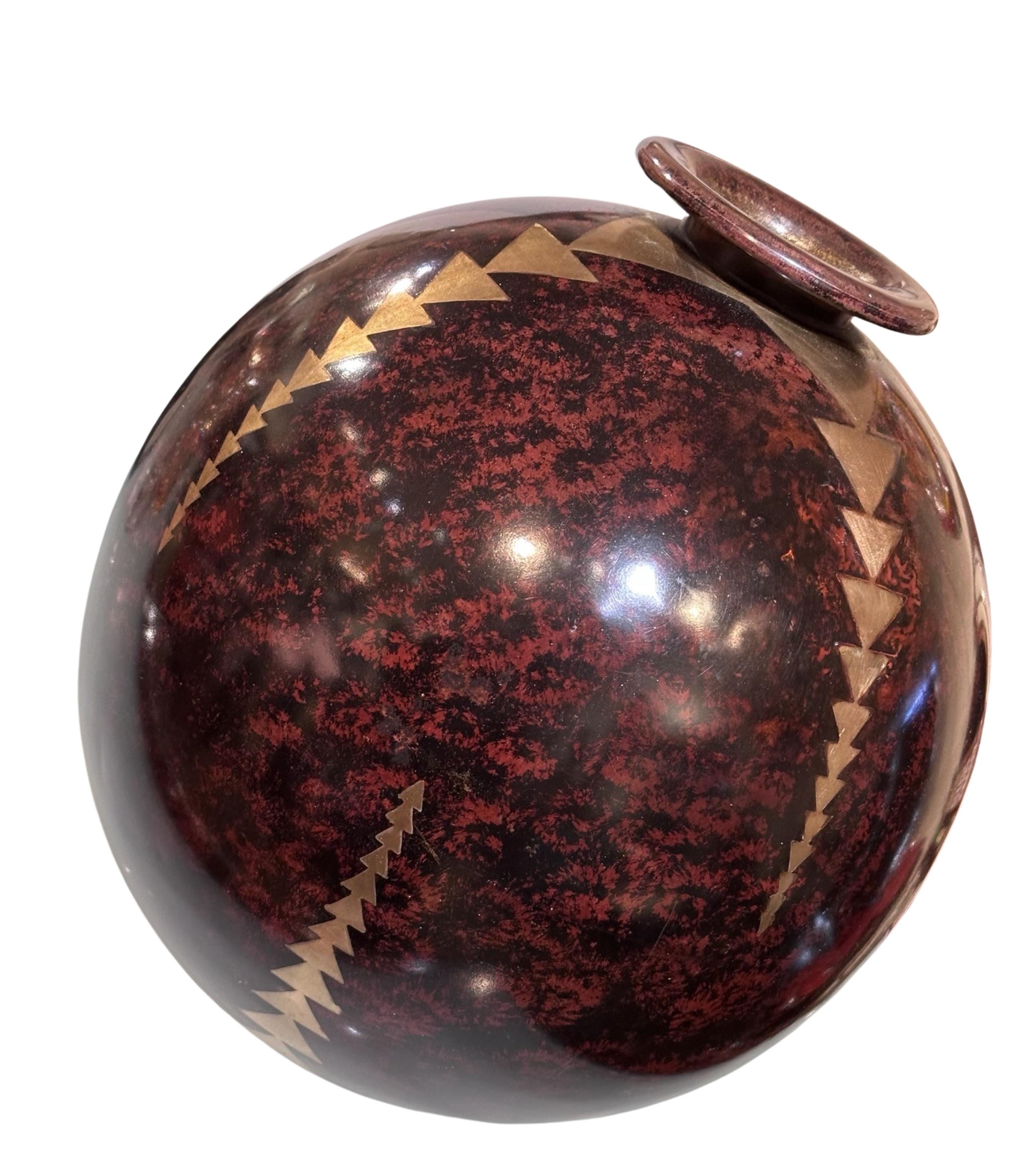 Andrey Signed French Denanderie Mixed Metal Vase Large. Art Deco Dinanderie employs an inventive use of mixed metals with mixed techniques to achieve its unique array of colors and patinas. This piece has a depth of texture with a brown/red/black