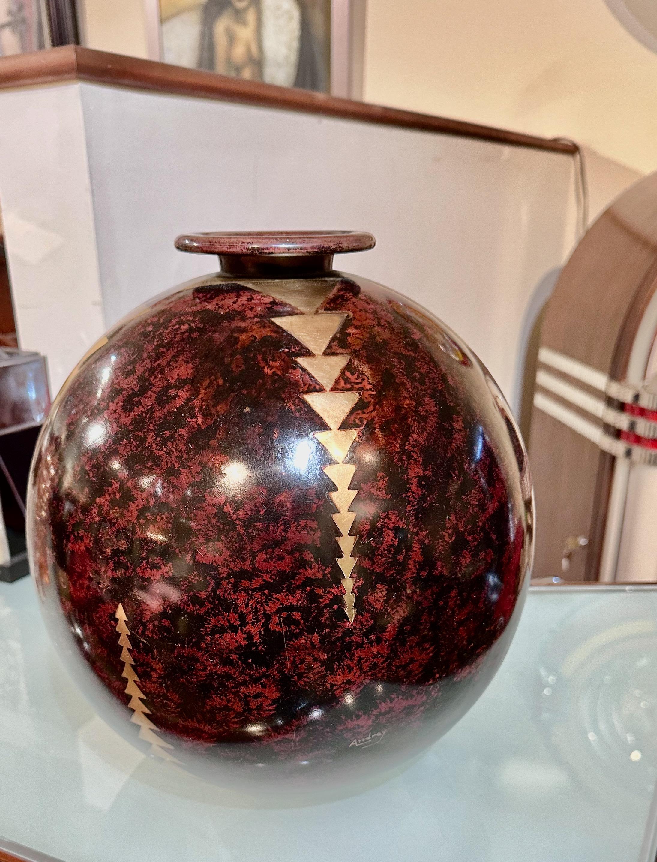 Andrey Signierte französische Denanderie-Vase aus gemischten Metallen, groß (Art déco)