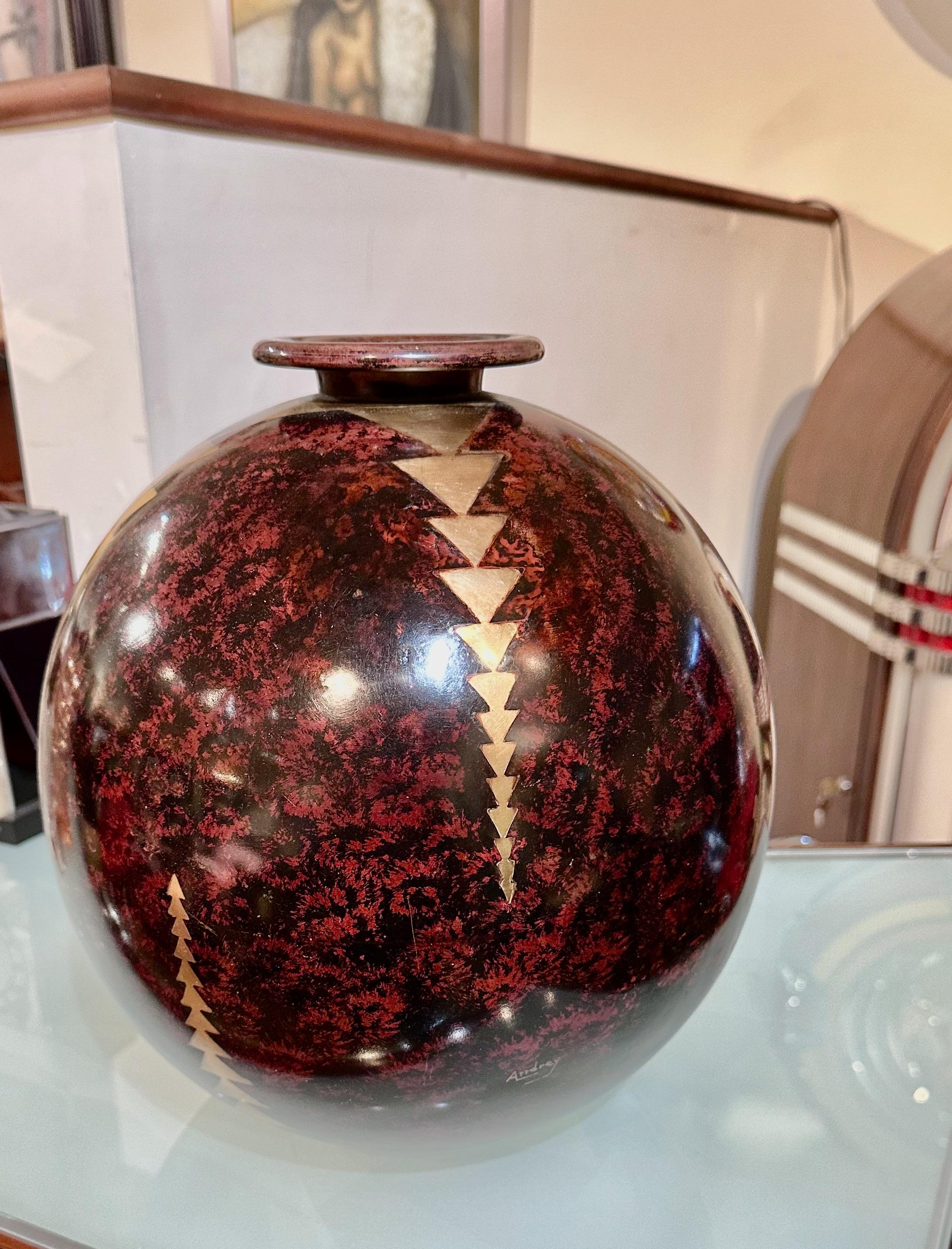 Art Deco Andrey Signed French Denanderie Mixed Metal Vase Large