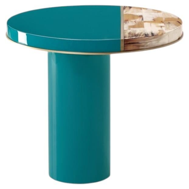 Andria Side Table in Blue Lacquered Wood, Horn & Burnished Brass in by Arcahorn For Sale