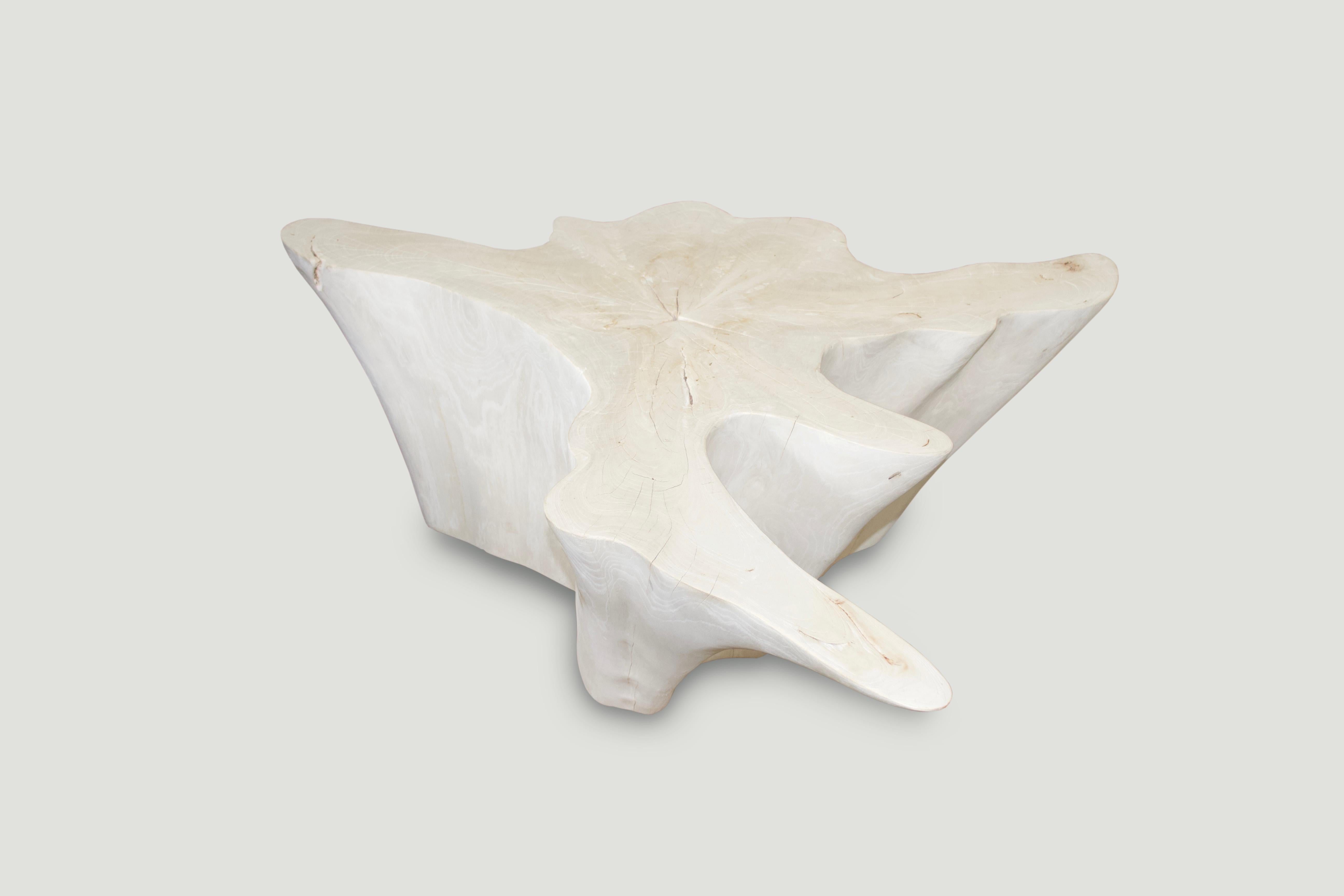 Hand carved reclaimed bleached teak wood amorphous coffee table. A slight graduation from the bottom to the top. Sanded with a smooth finish. Organic is the new modern.

The St. Barts collection features an exciting new line of organic white wash
